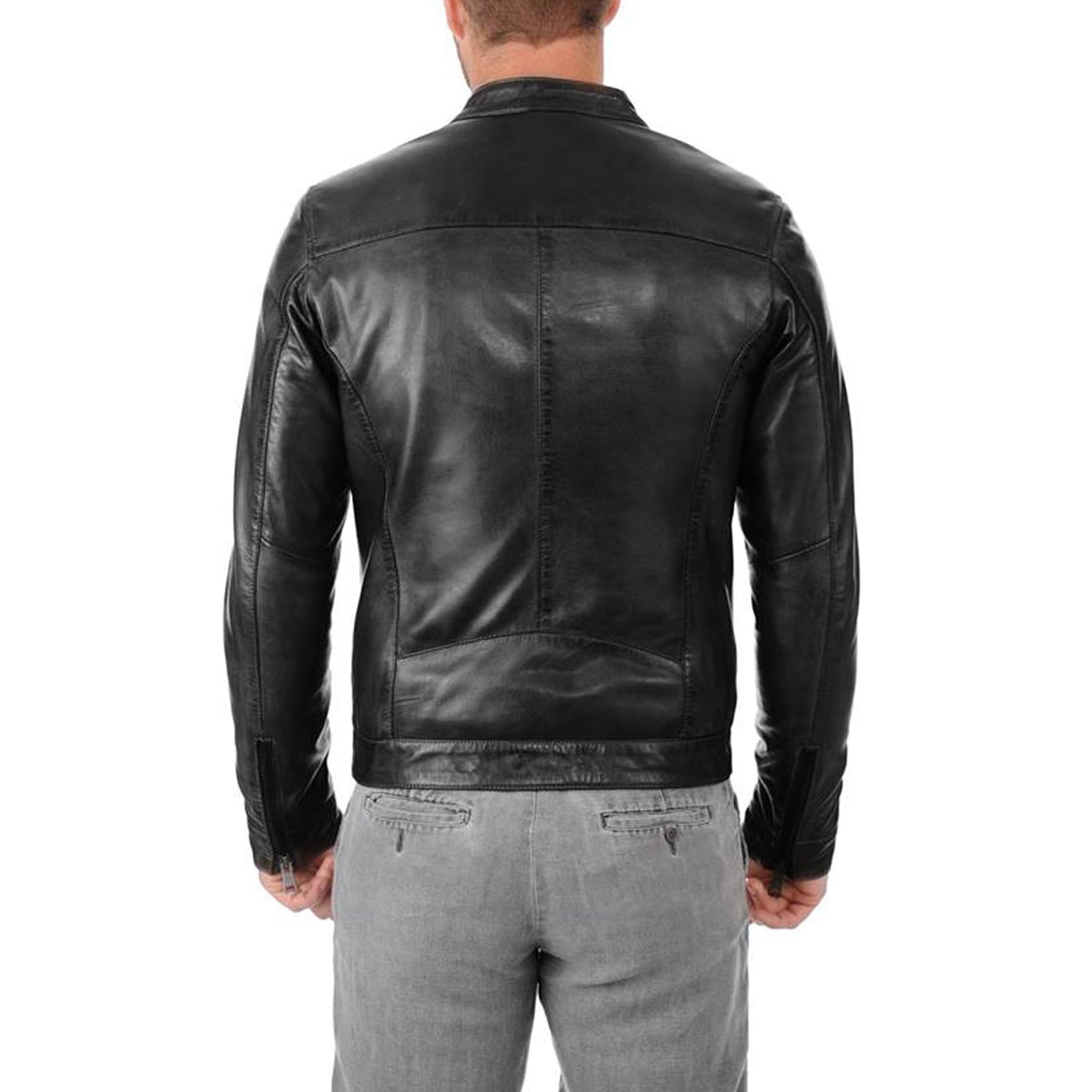 Slim Men's Black Genuine Leather Biker Jacket Chest Zipper With Rindway Frisetto