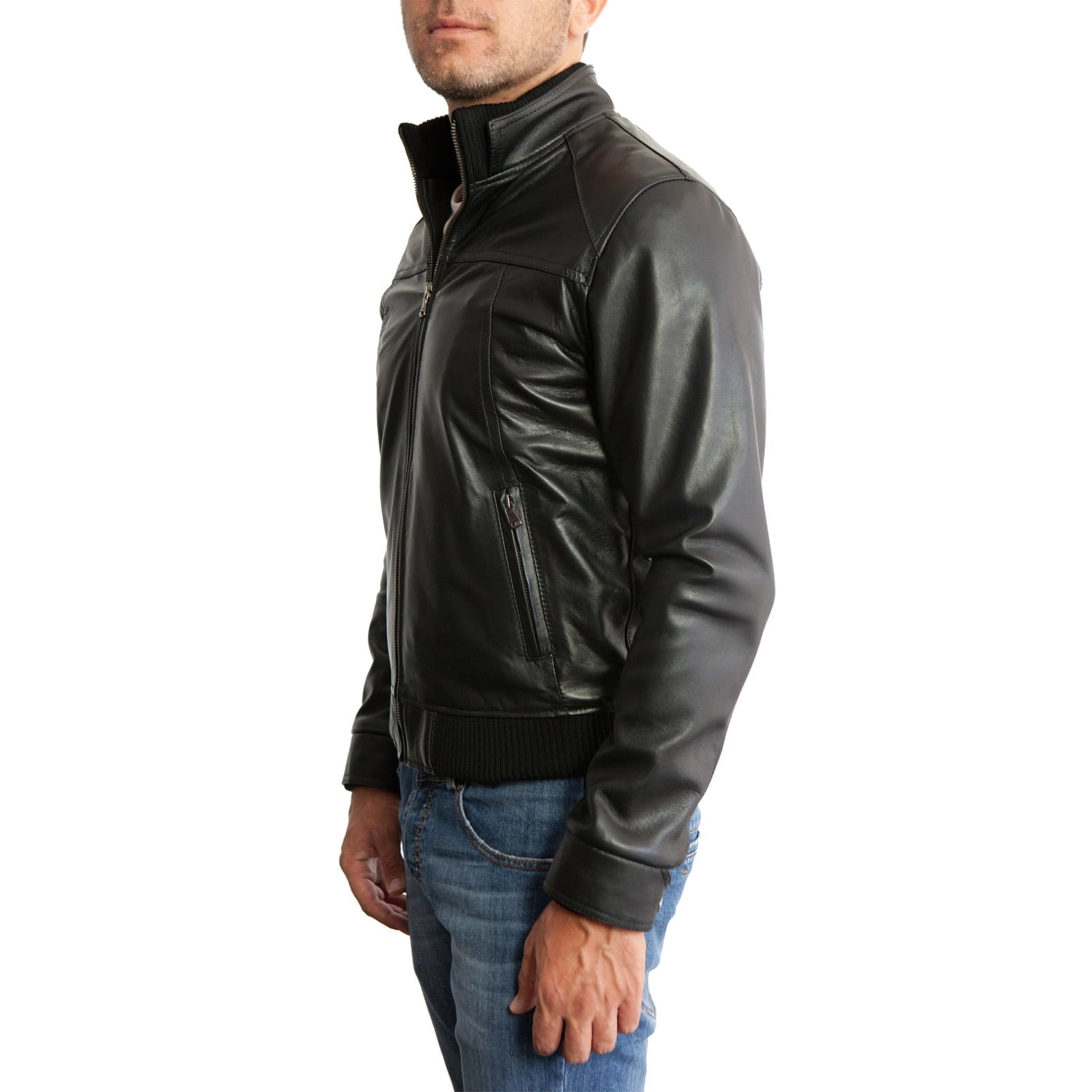 Men's Brown Genuine Leather Bomber Jacket with Jersey and Leather Collar Rindway Outlet