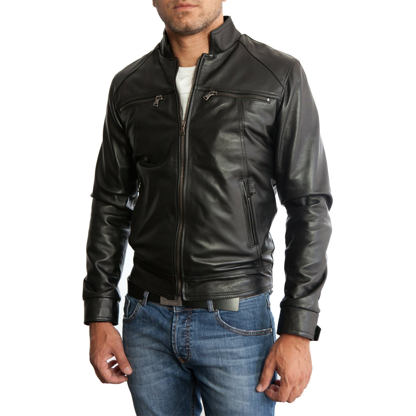 LeatherLux Giacca Biker Uomo Pelle Nera | Moto Café Racer 4 Tasche Frontali