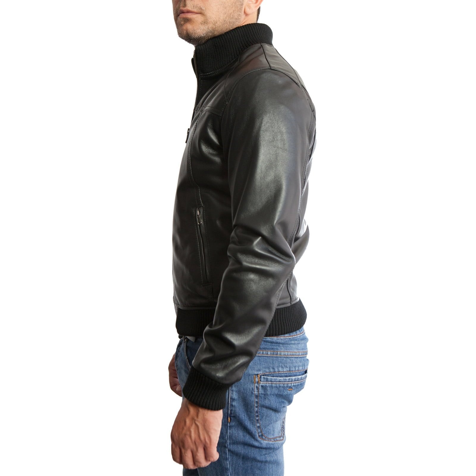 Slim Men's Genuine Leather Bomber Jacket With Front Cuts Rindway Outlet