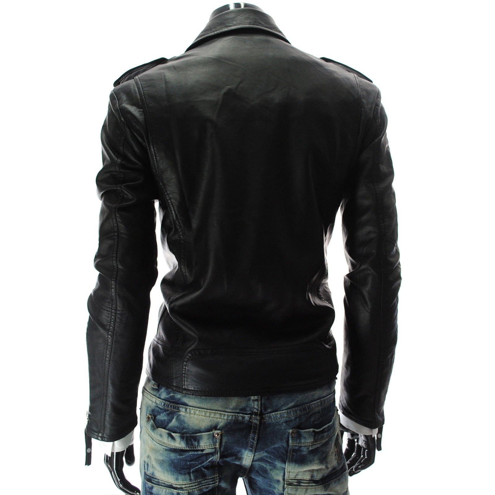 Slim Men's Black Genuine Leather Biker Nail With Stitched Elbow Patches Rindway Outlet