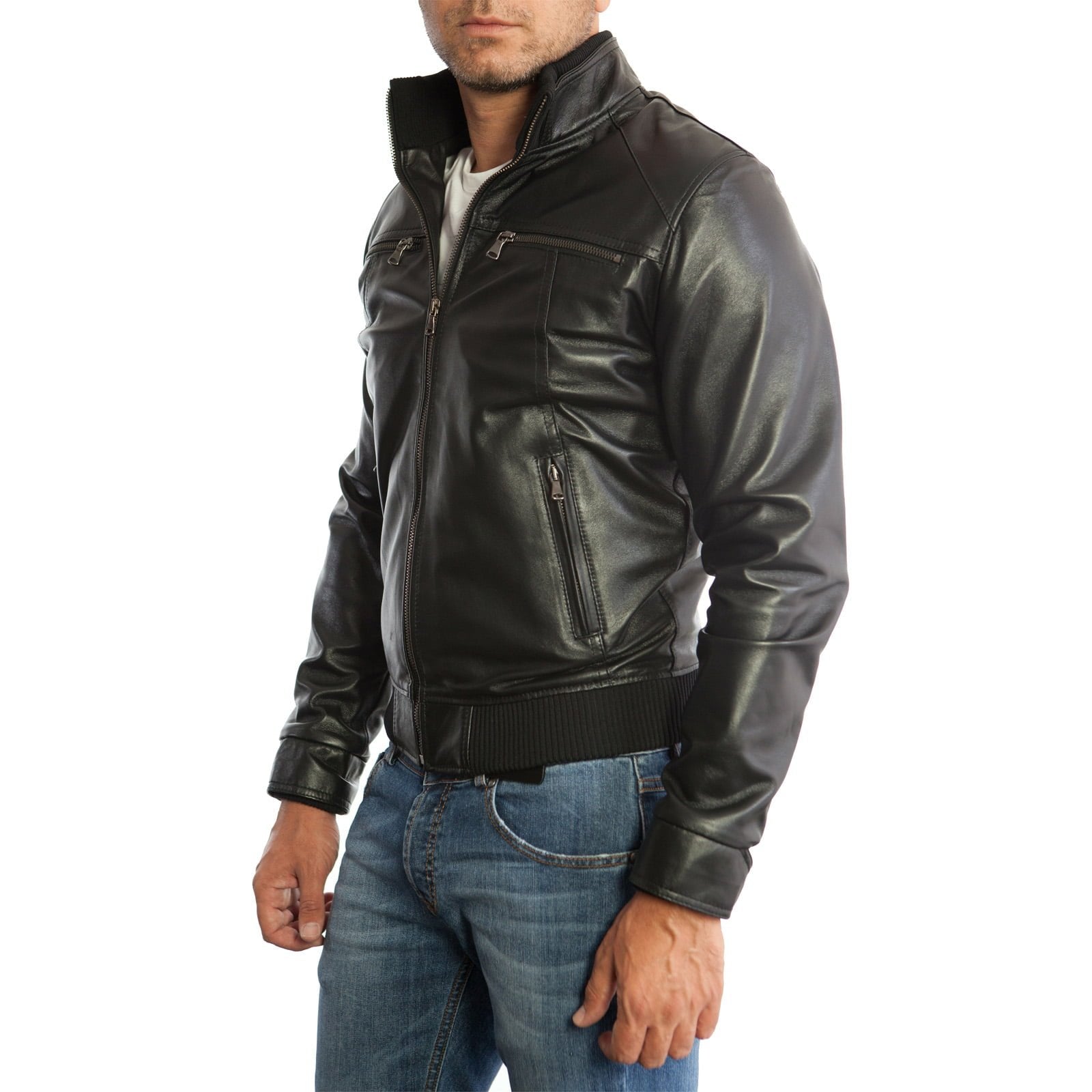 Men's Black Genuine Leather Bomber Jacket with Chest Zippers and Rindway Pockets