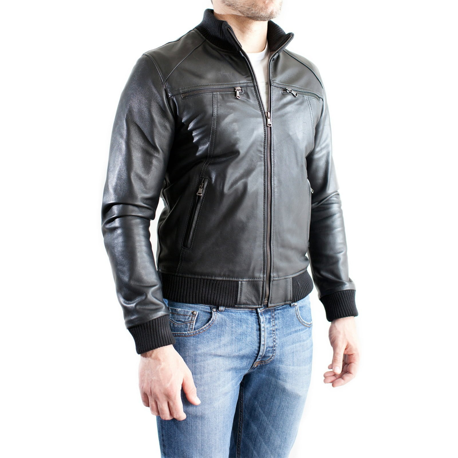 Men's Black Genuine Leather Bomber Jacket with Four Rindway Zipper Pockets