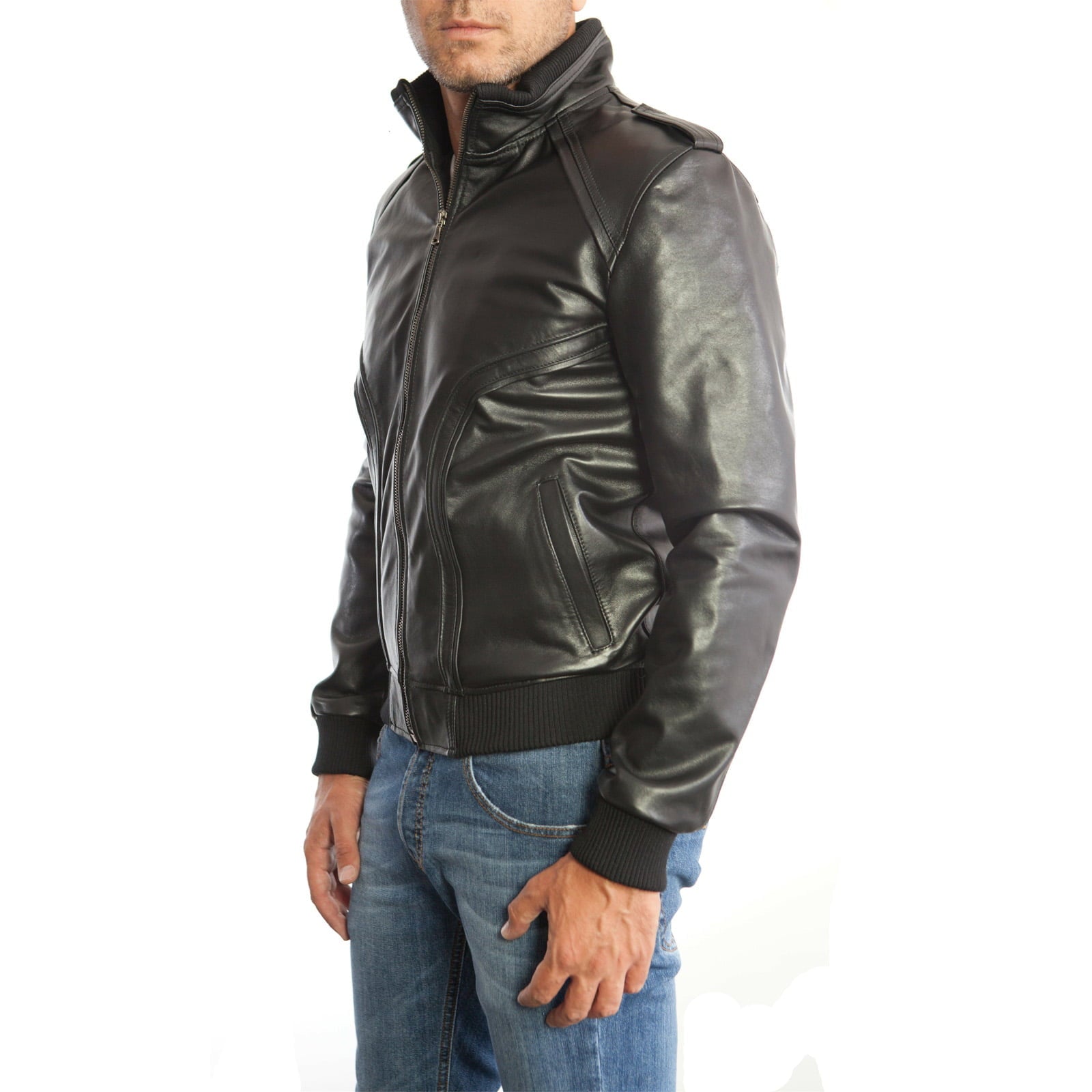 Men's Black Genuine Leather Bomber Jacket With Rindway Front Details