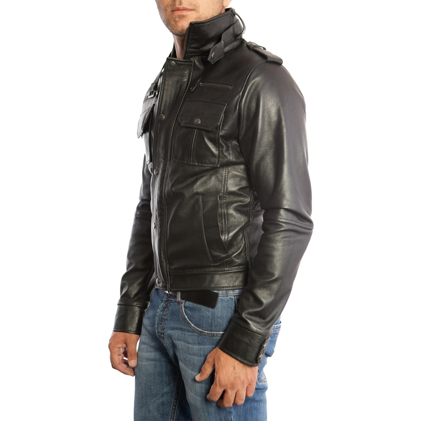 Rindway Slim Men's Brown Genuine Leather Biker Jacket with Six Front Pockets