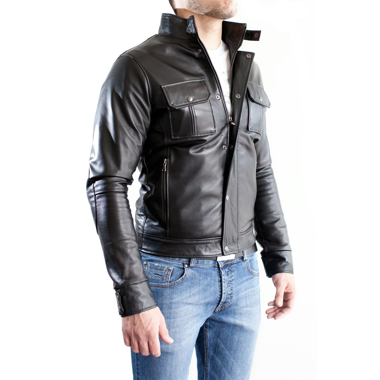 Men's Brown Genuine Leather Biker Jacket Slim Collar With Rindway Tab