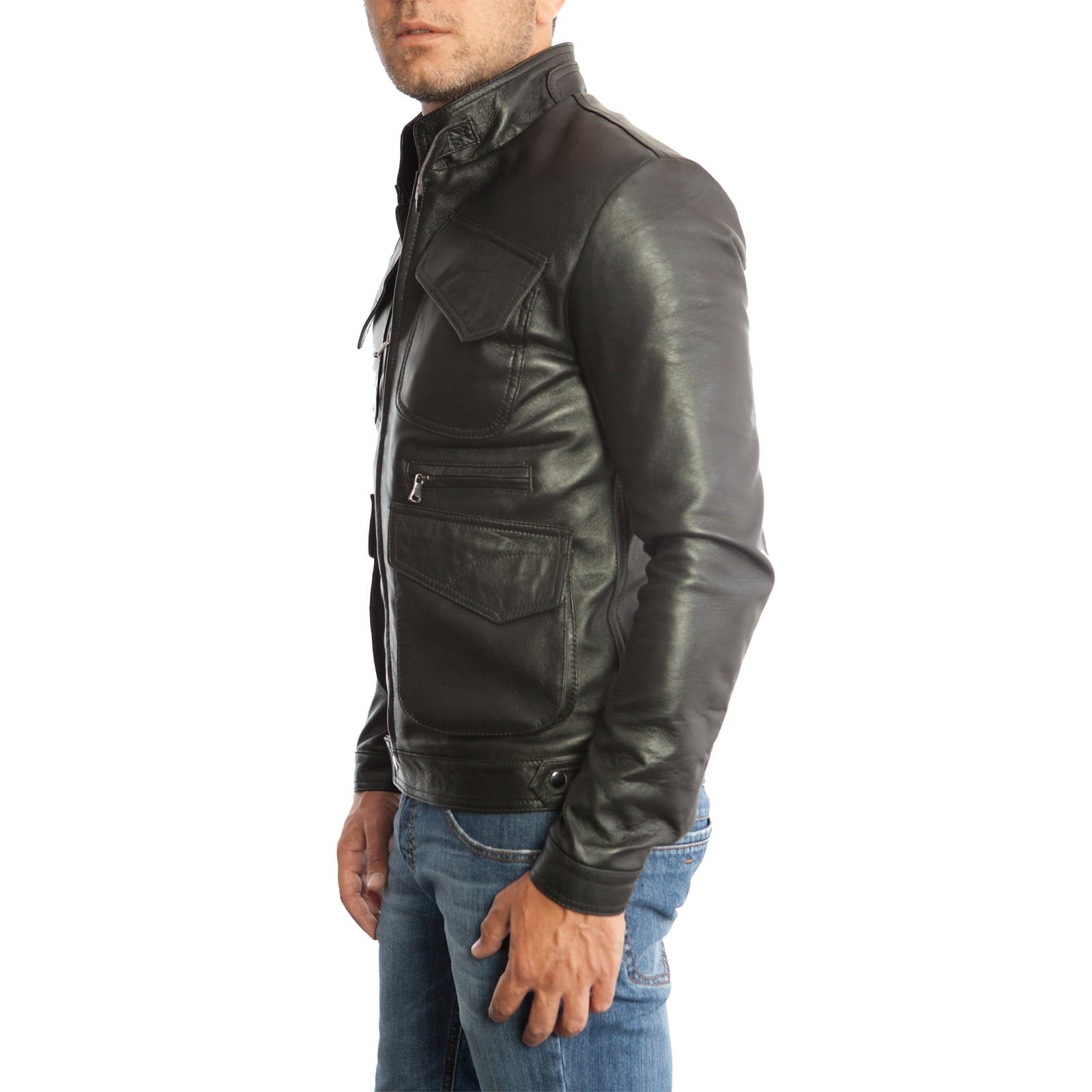 Rindway Slim Men's Black Genuine Leather Biker Jacket with Five Front Pockets