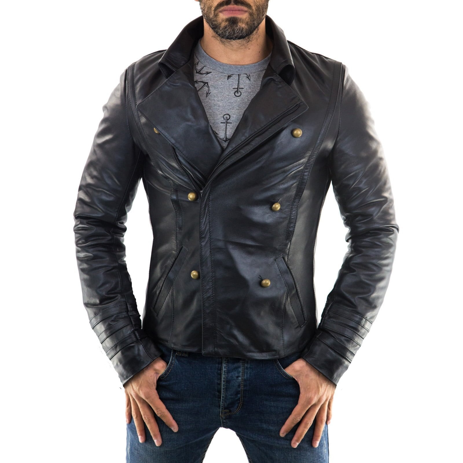 Slim Men's PU Leather Jacket Artisan Production Cod.180-Rindway Outlet