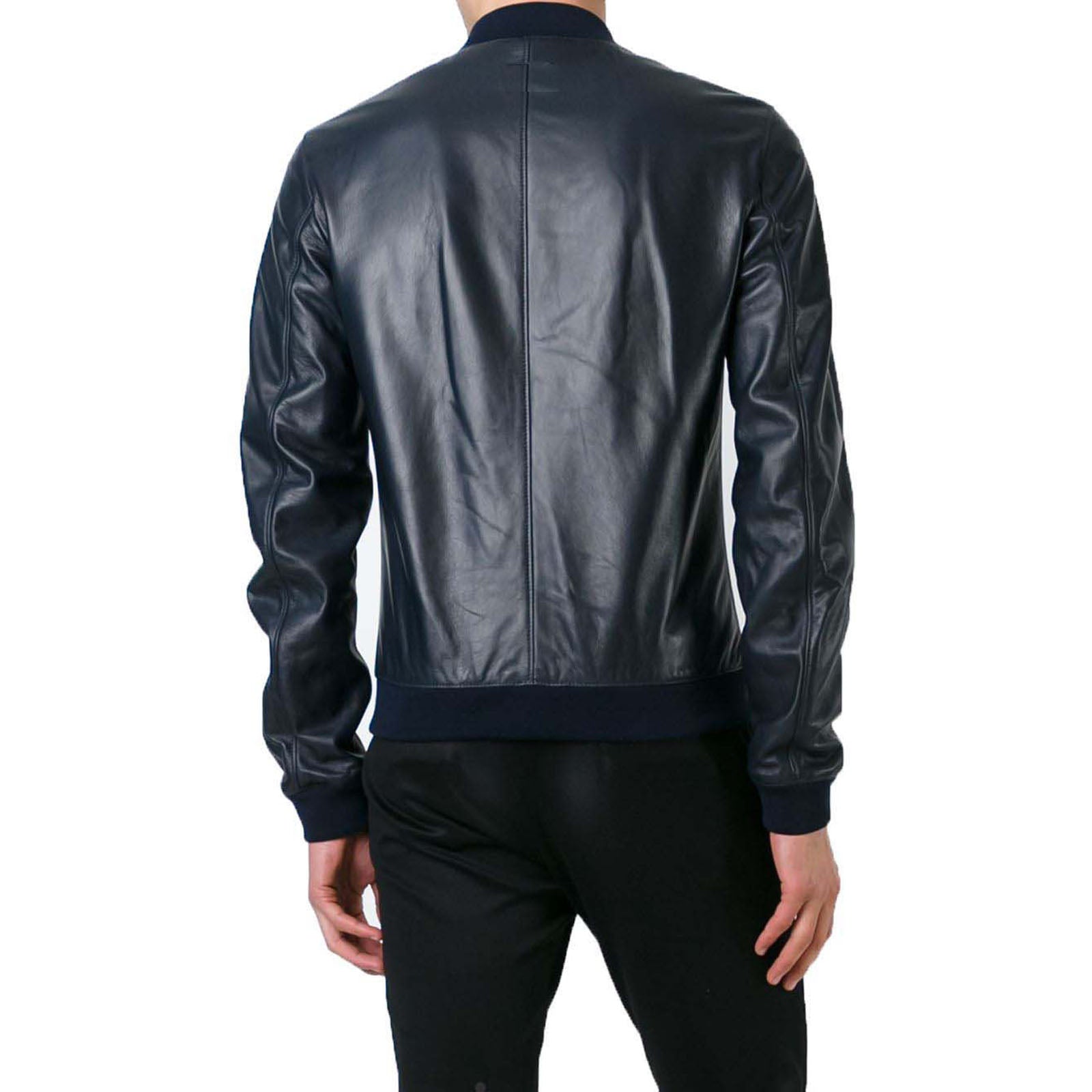 Giubbotto Bomber In Vera Pelle Blu Uomo Collo College Basso Rindway cod.064