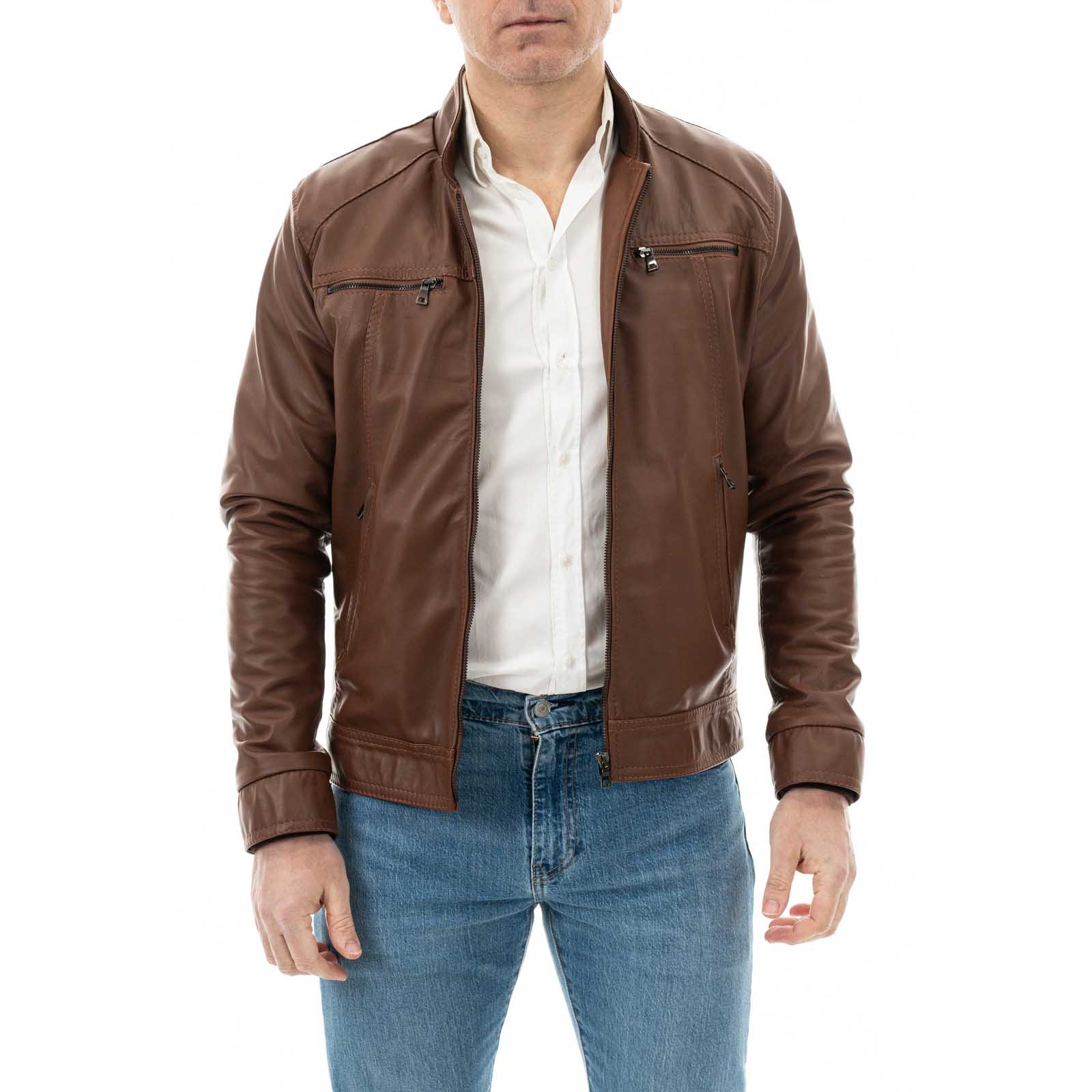 Rindway Slim Men's Genuine Leather Biker Jacket with Four Pockets