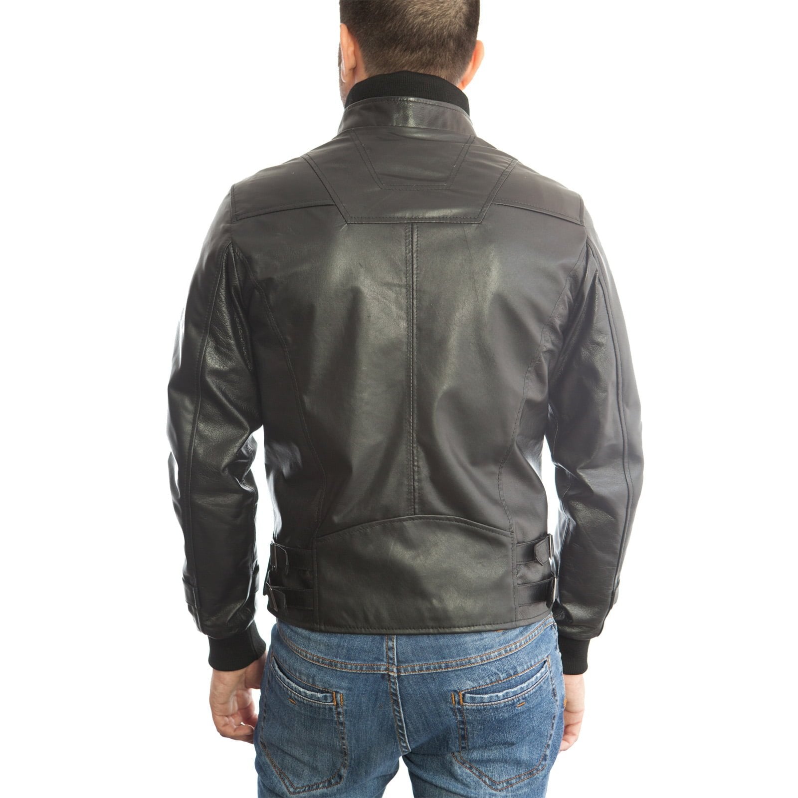 Rindway Slim Men's Black Genuine Leather Biker Jacket with Two Covered Front Pockets