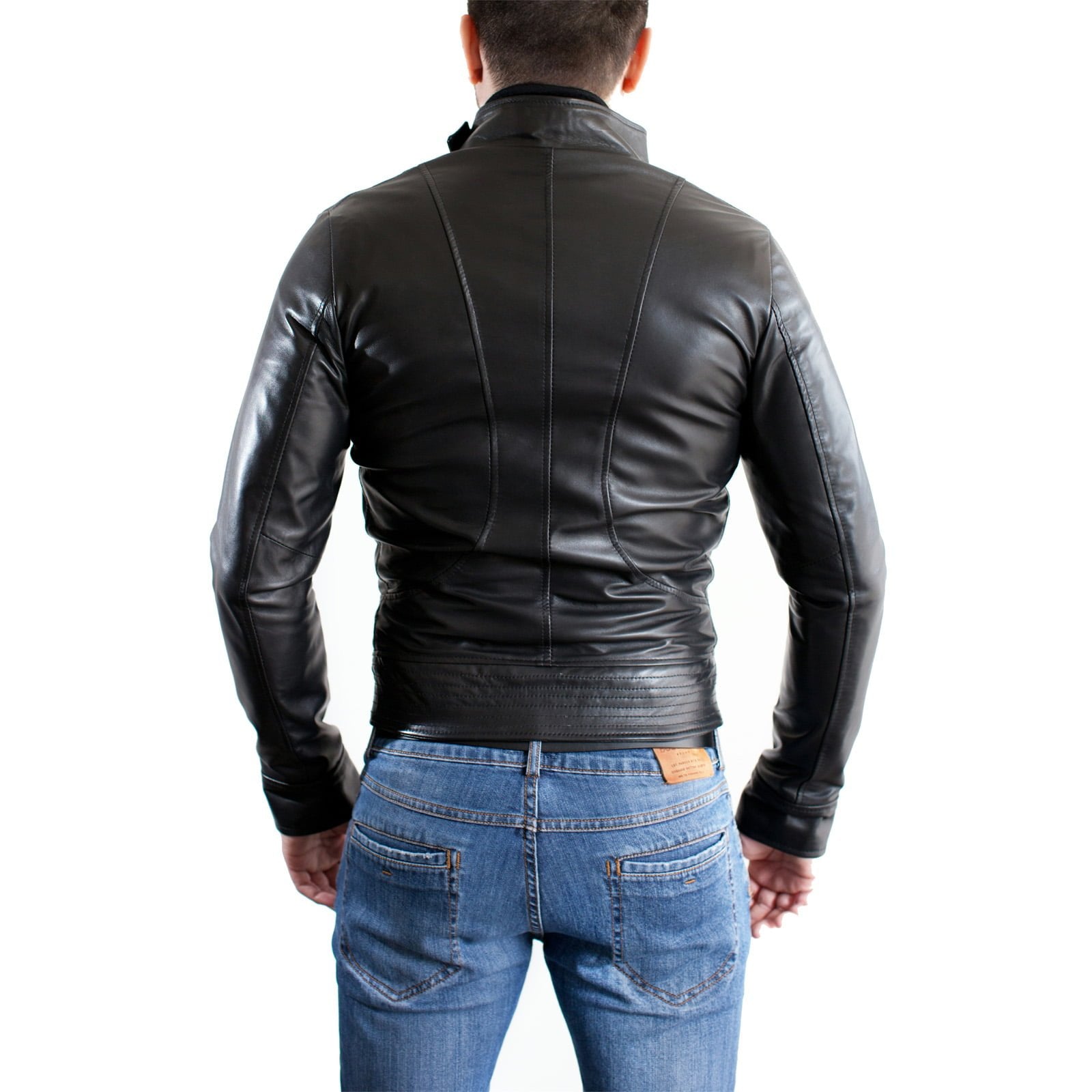 Men's Genuine Leather Jacket Slim Button Neck Accessories Silver Rindway