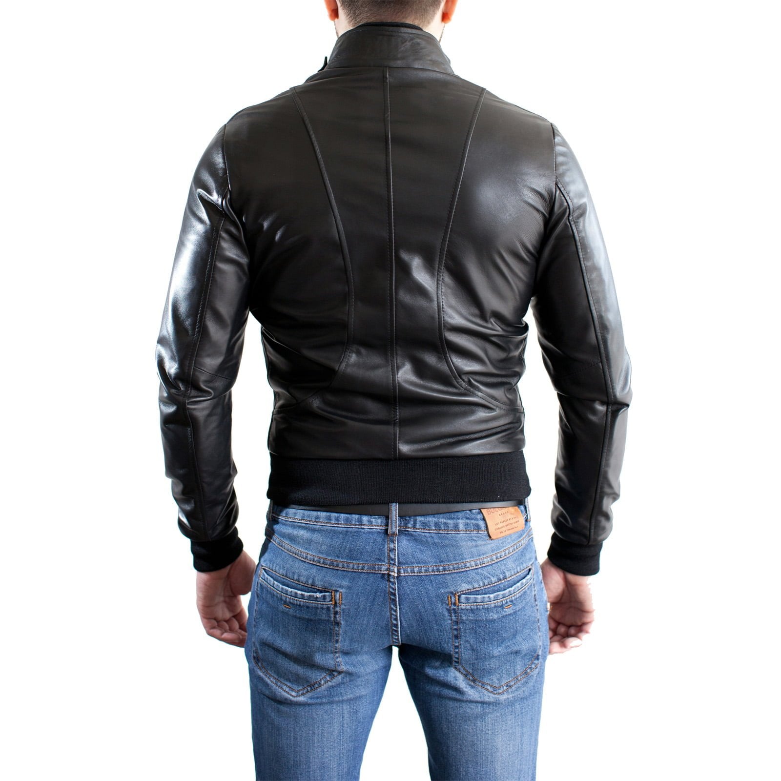 Bomber Jacket Real Black Leather Men With Button Collar Silver Details Rindway