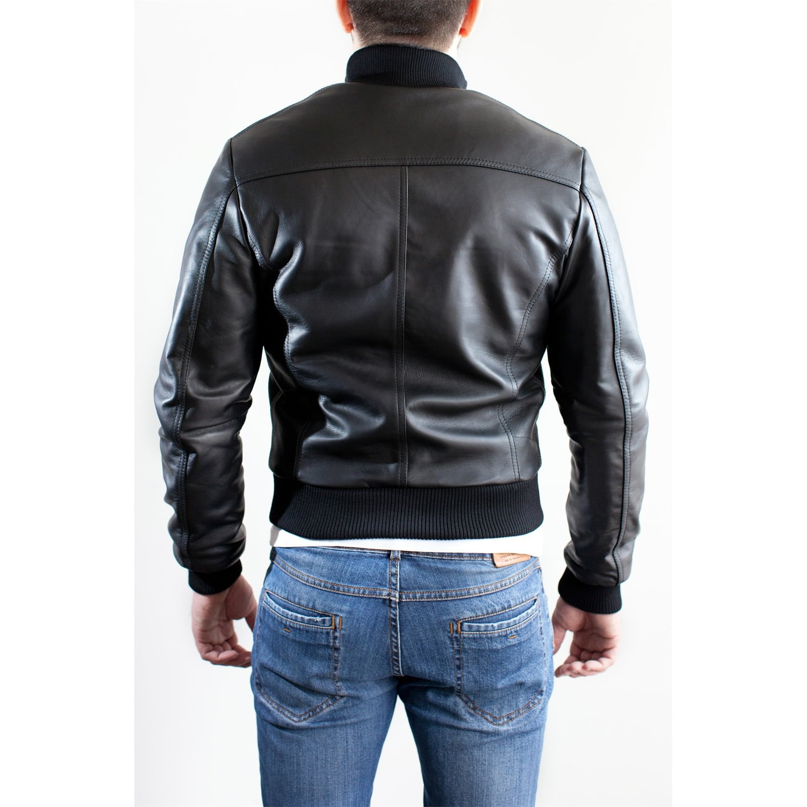 Bomber Jacket in Genuine Blue Leather for Men Slim Rindway Wool Collar and Cuffs