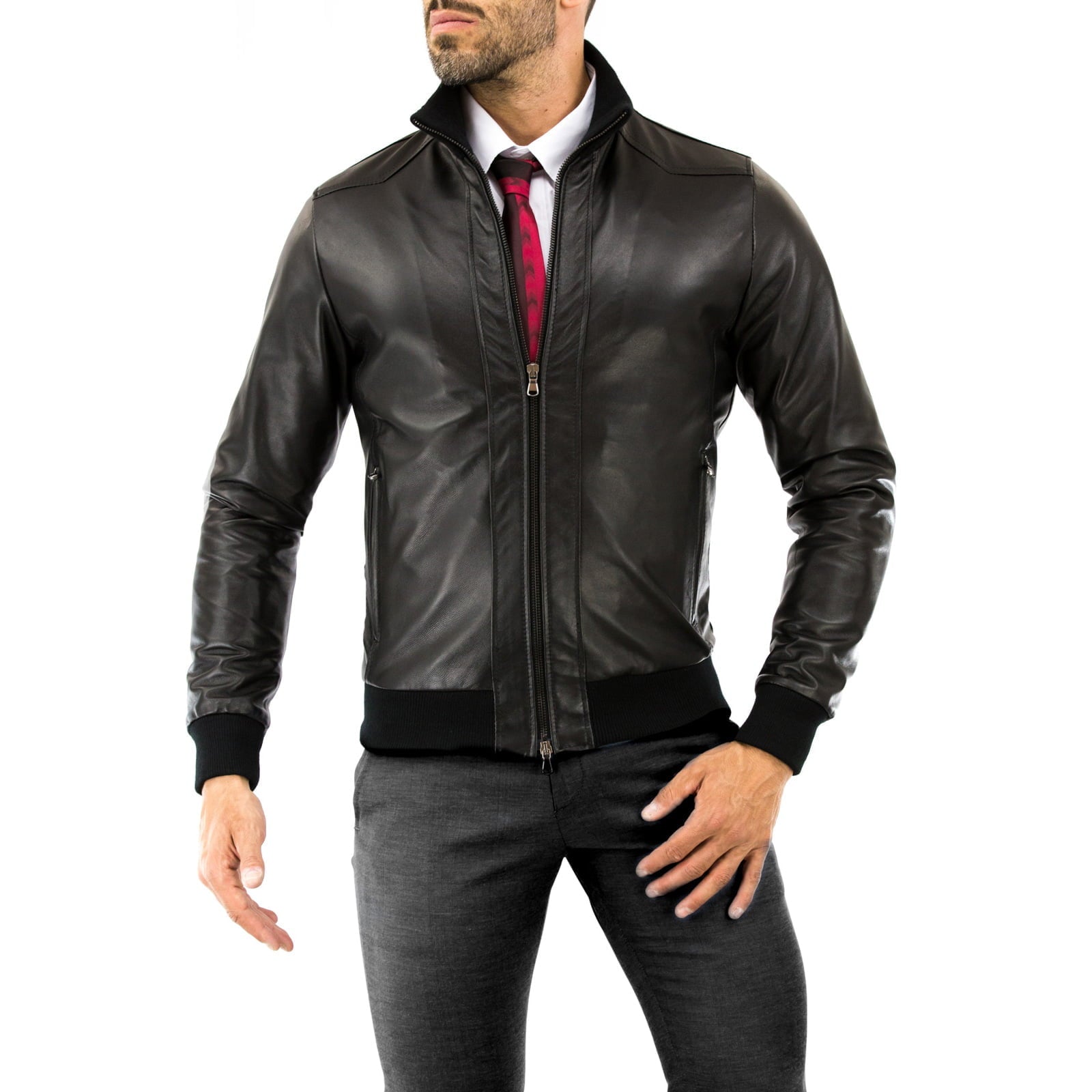 Men's Brown Genuine Leather Bomber Jacket with Rindway Front Beams