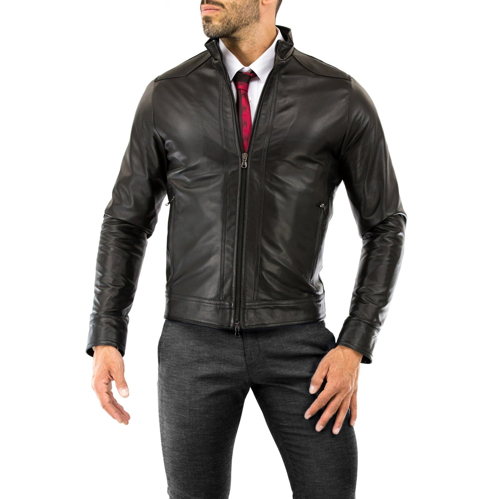 Rindway Men's Slim Brown Genuine Leather Biker Jacket with Front Bands