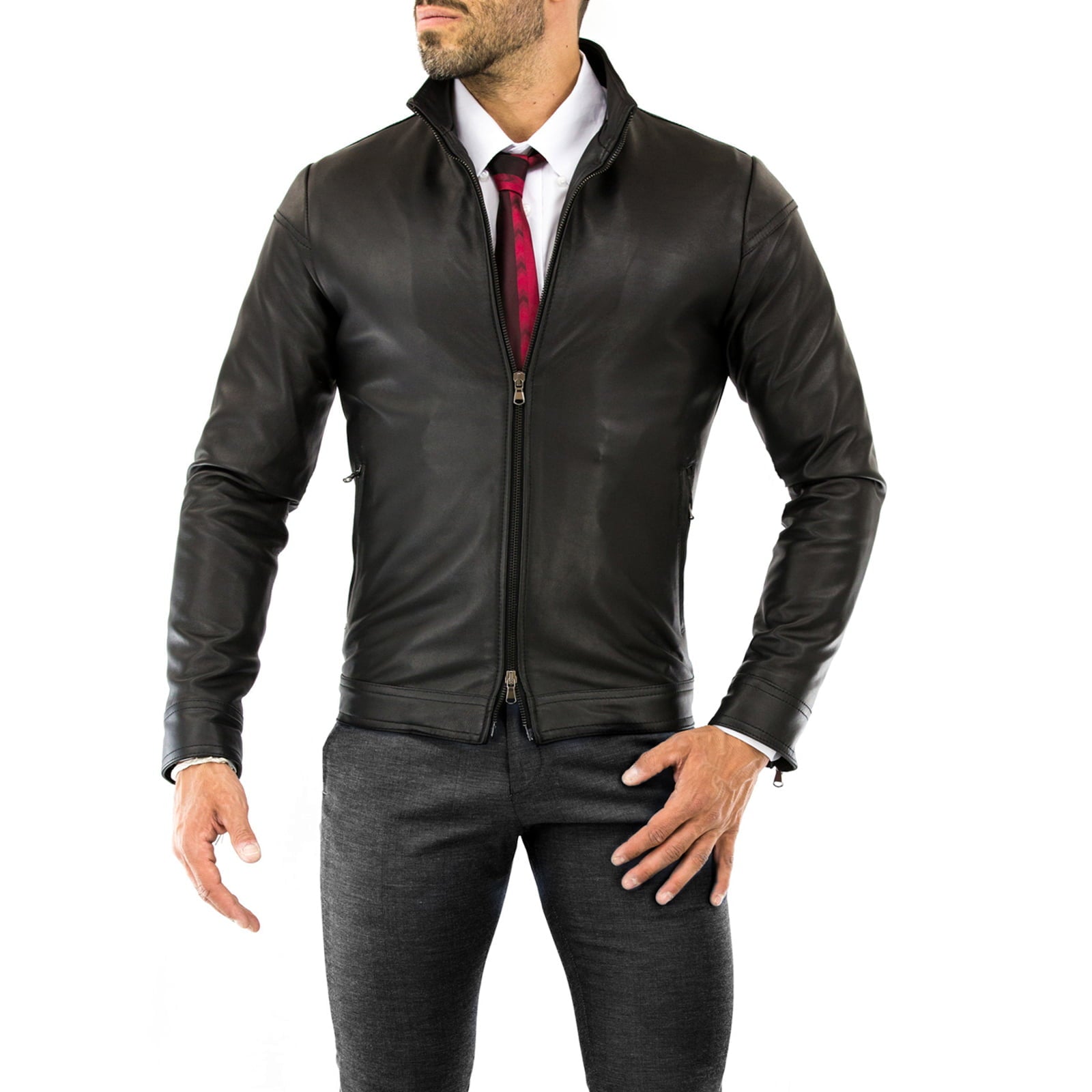 Slim Men's Blue Genuine Leather Biker Jacket With Rindway Back Lines