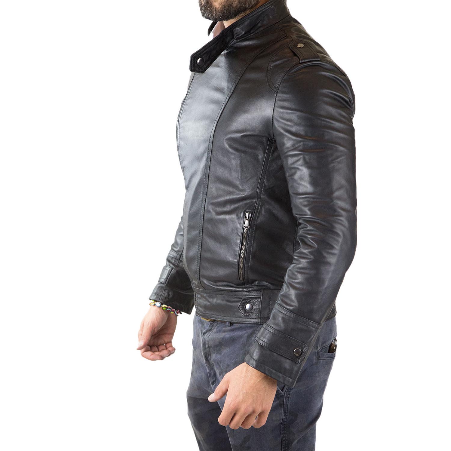 Chiodo Biker In Vera Pelle Blu Uomo Slim Collo Coreana Con Bottone Rindway