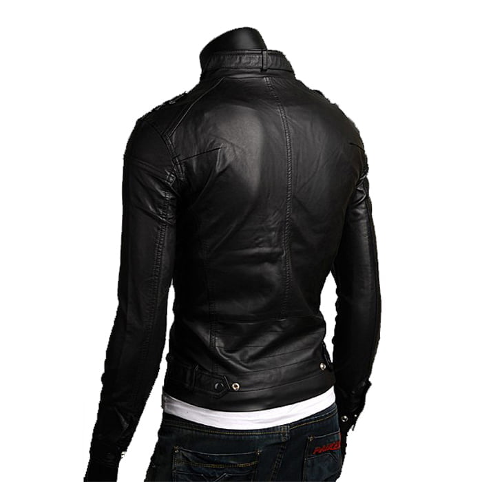 Rindway Men's Black Genuine Leather Biker Jacket Slim Multipockets Back Lines