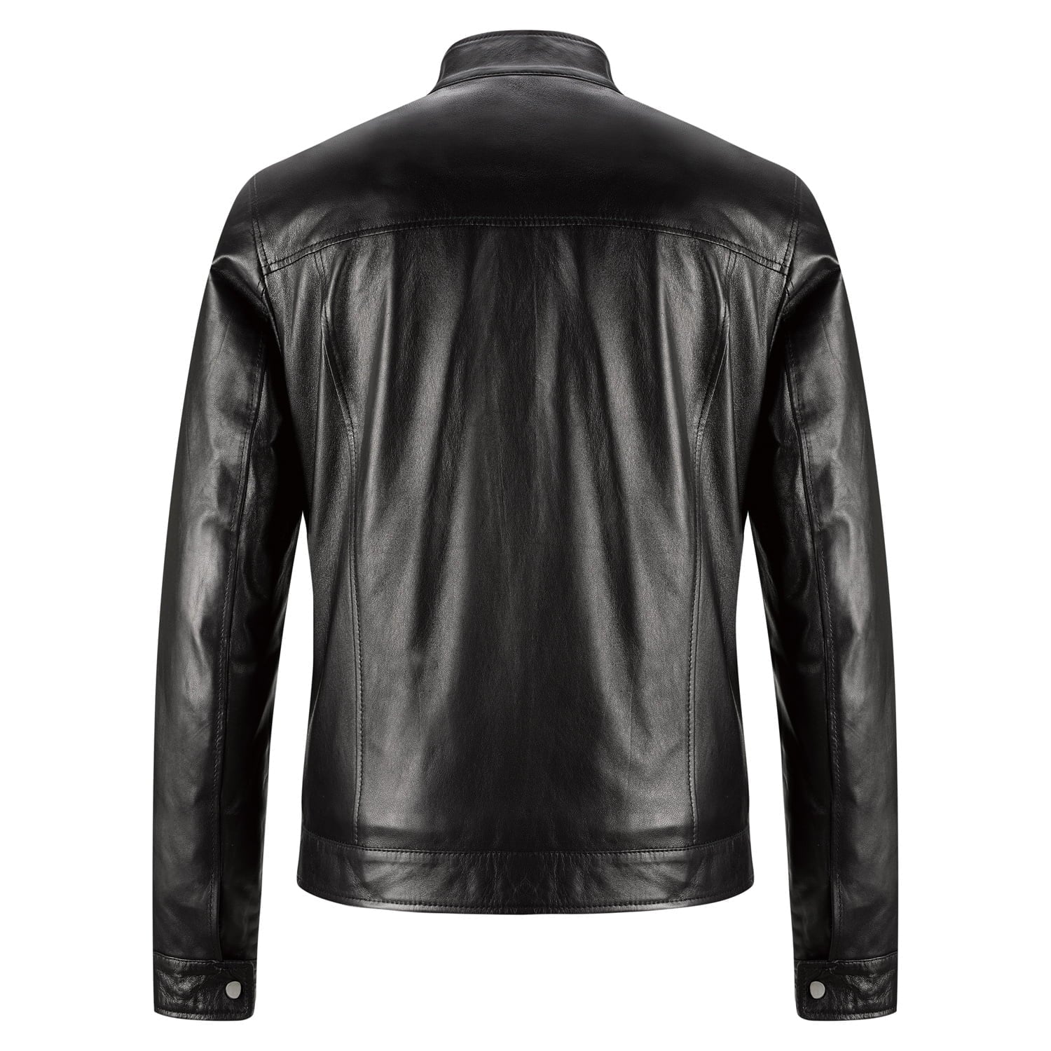 Rindway Men's Black Genuine Leather Biker Jacket Slim Button Neck and Cuffs