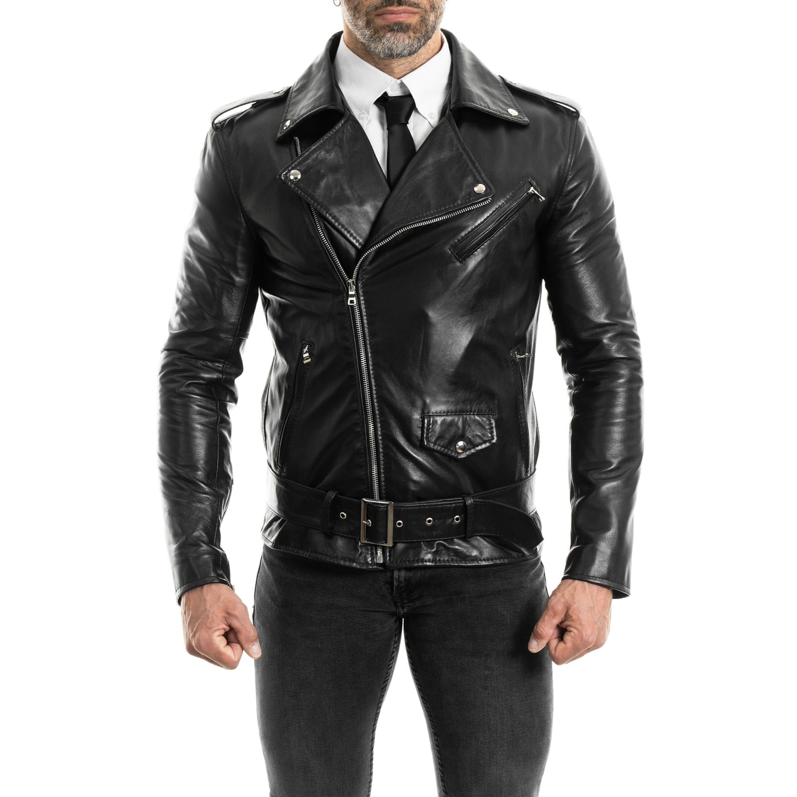 Men's Slim Fit Black Genuine Leather Biker Jacket Front Pocket Rindway