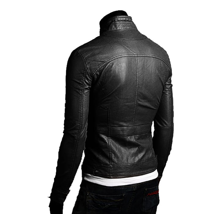 Slim Men's Black Genuine Leather Biker Jacket with Big Pockets with Rindway Buttons