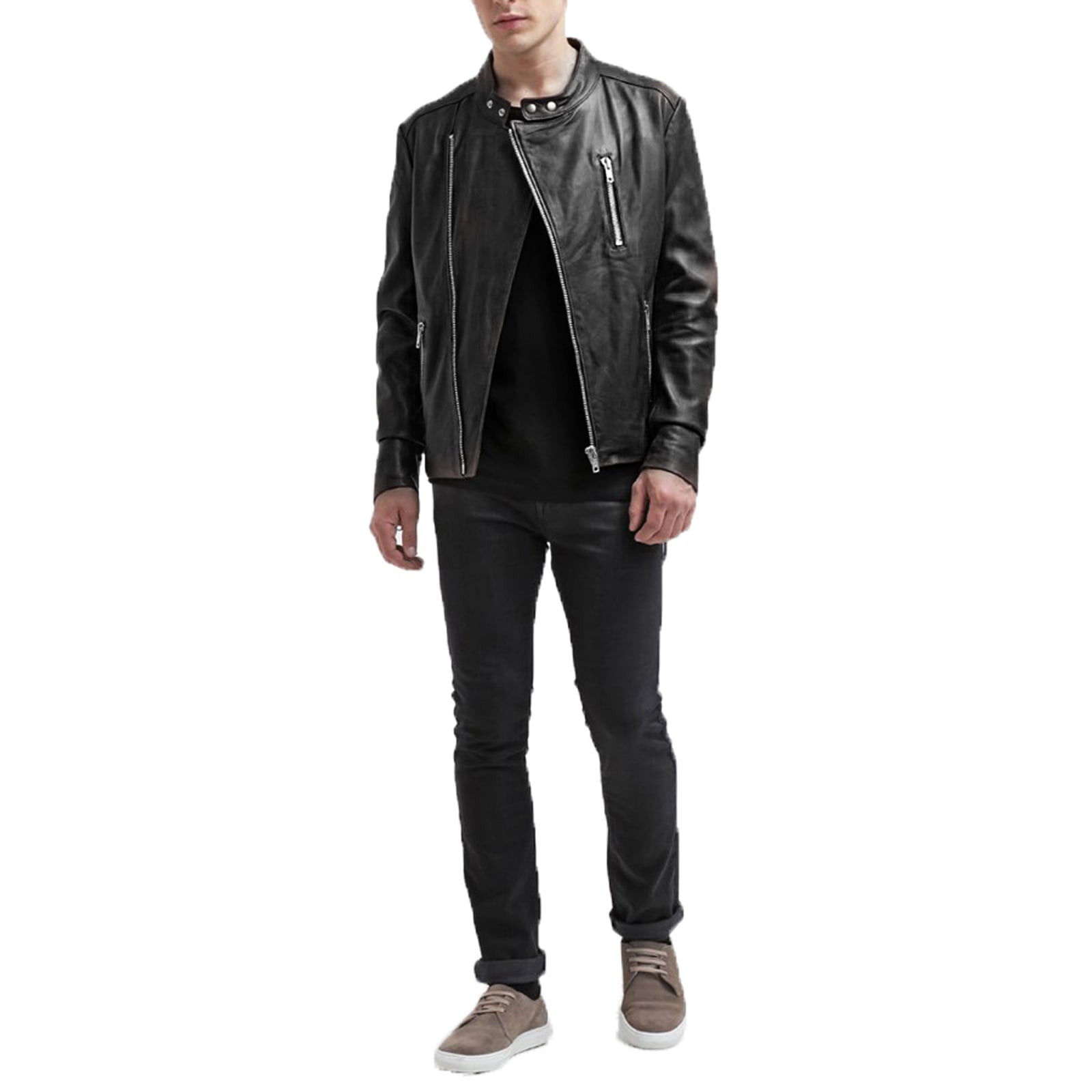 Men's Biker Jacket In Genuine Black Leather Slim Collar With Rindway Buttons