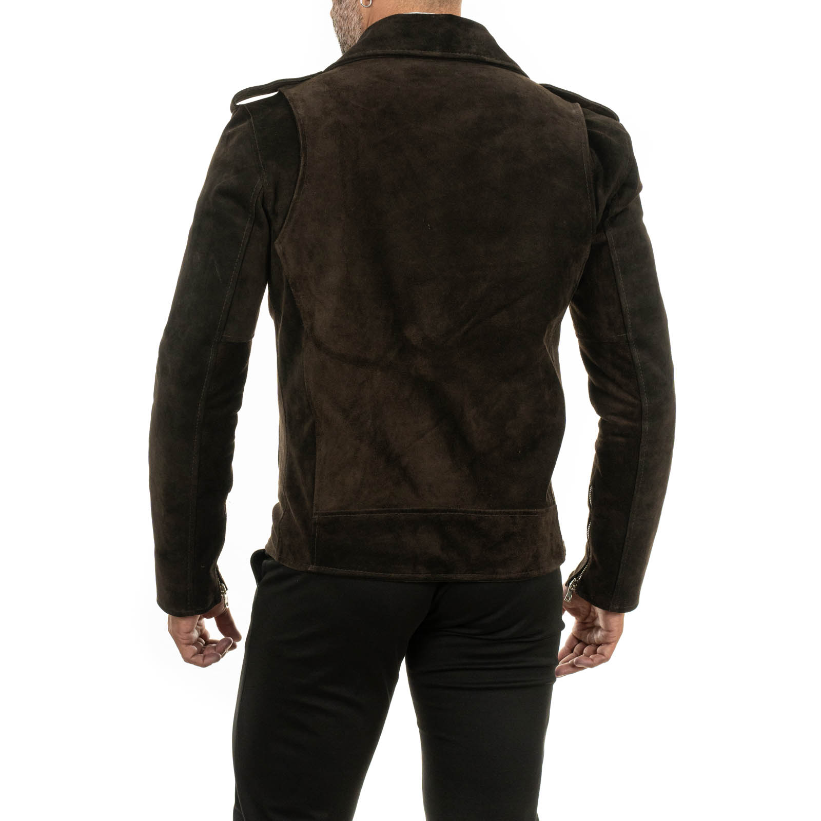 Slim Men's Biker Jacket in Genuine Brown Suede Leather with Rindway Belt