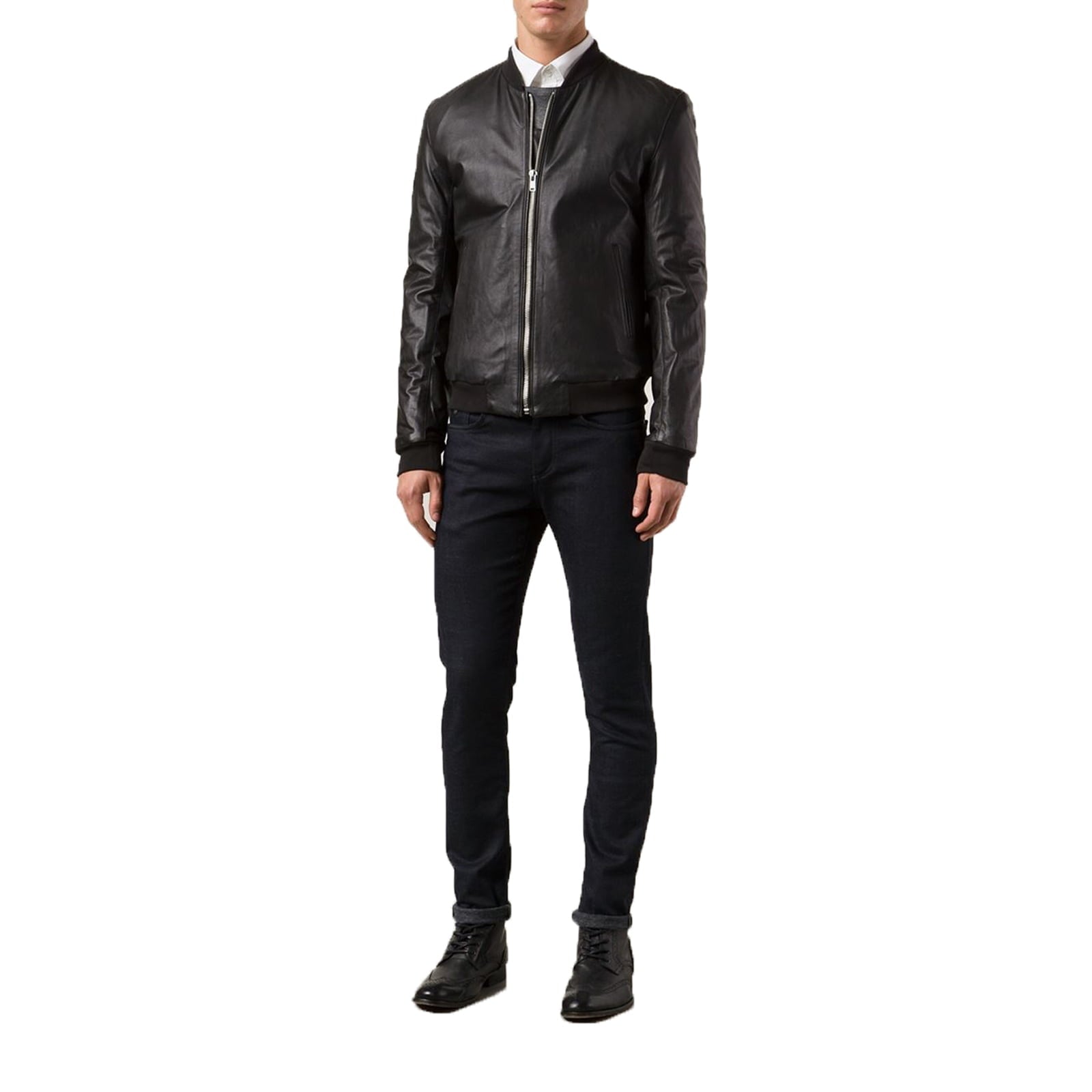 Rindway Blue Genuine Leather Bomber Jacket for Men with Low College Collar