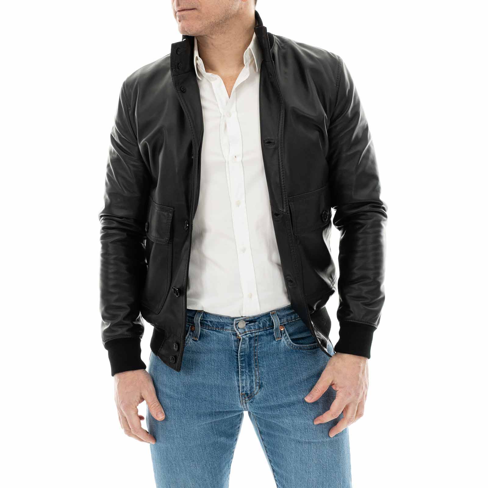 Slim Men's Bomber Jacket With Buttons In Genuine Leather Black With Big Pockets Rindway Outlet