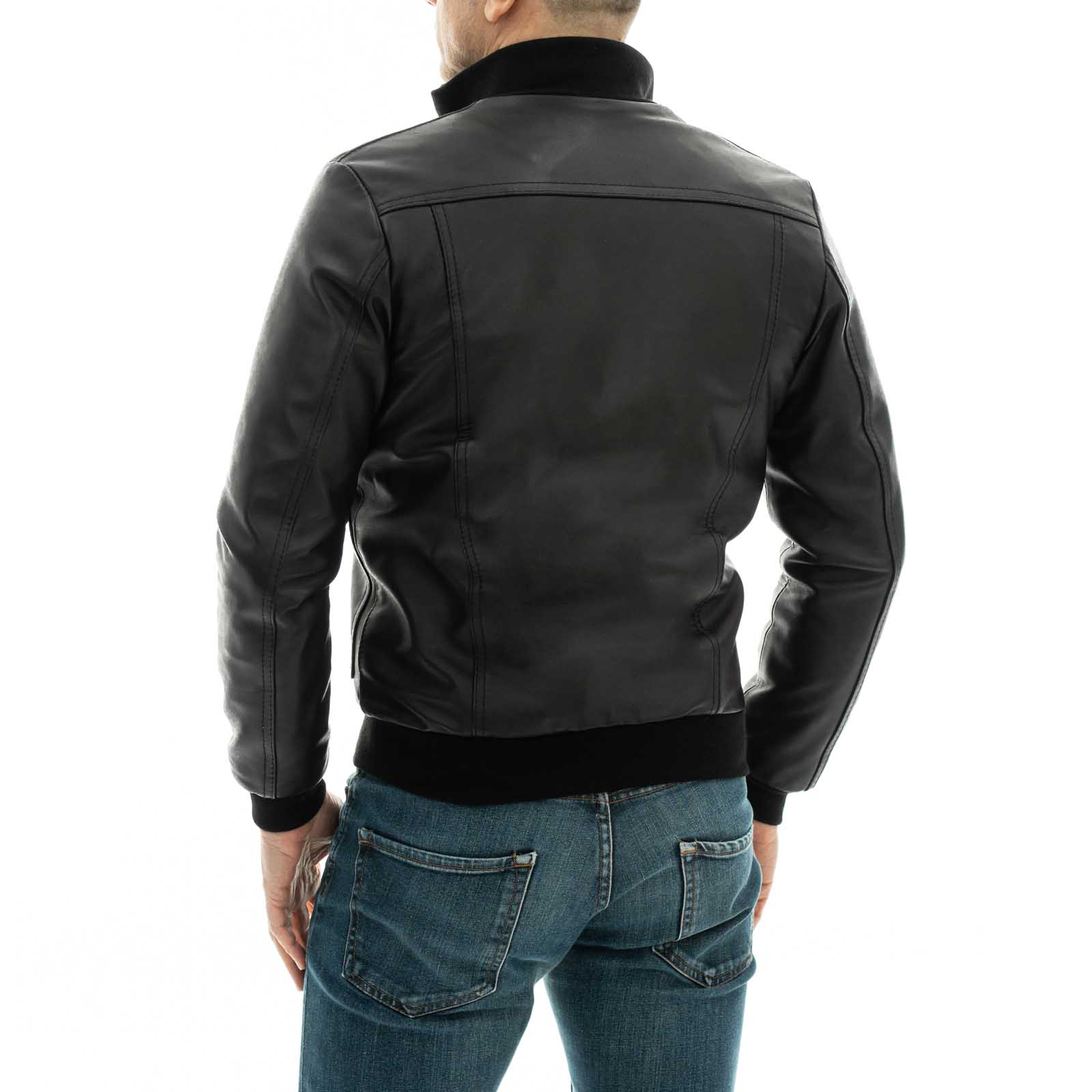 Giubbotto Bomber Con Cerniera In Vera Pelle Nero Uomo Slim Con Tasconi Rindway