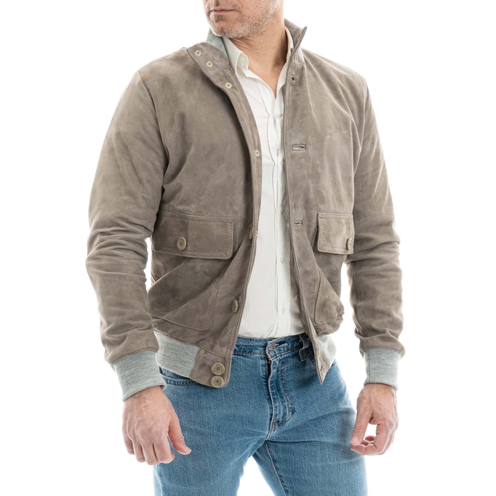 Giacca Bomber In Vera Pelle Scamosciata Tortora Uomo Slim Con Tasconi Rindway