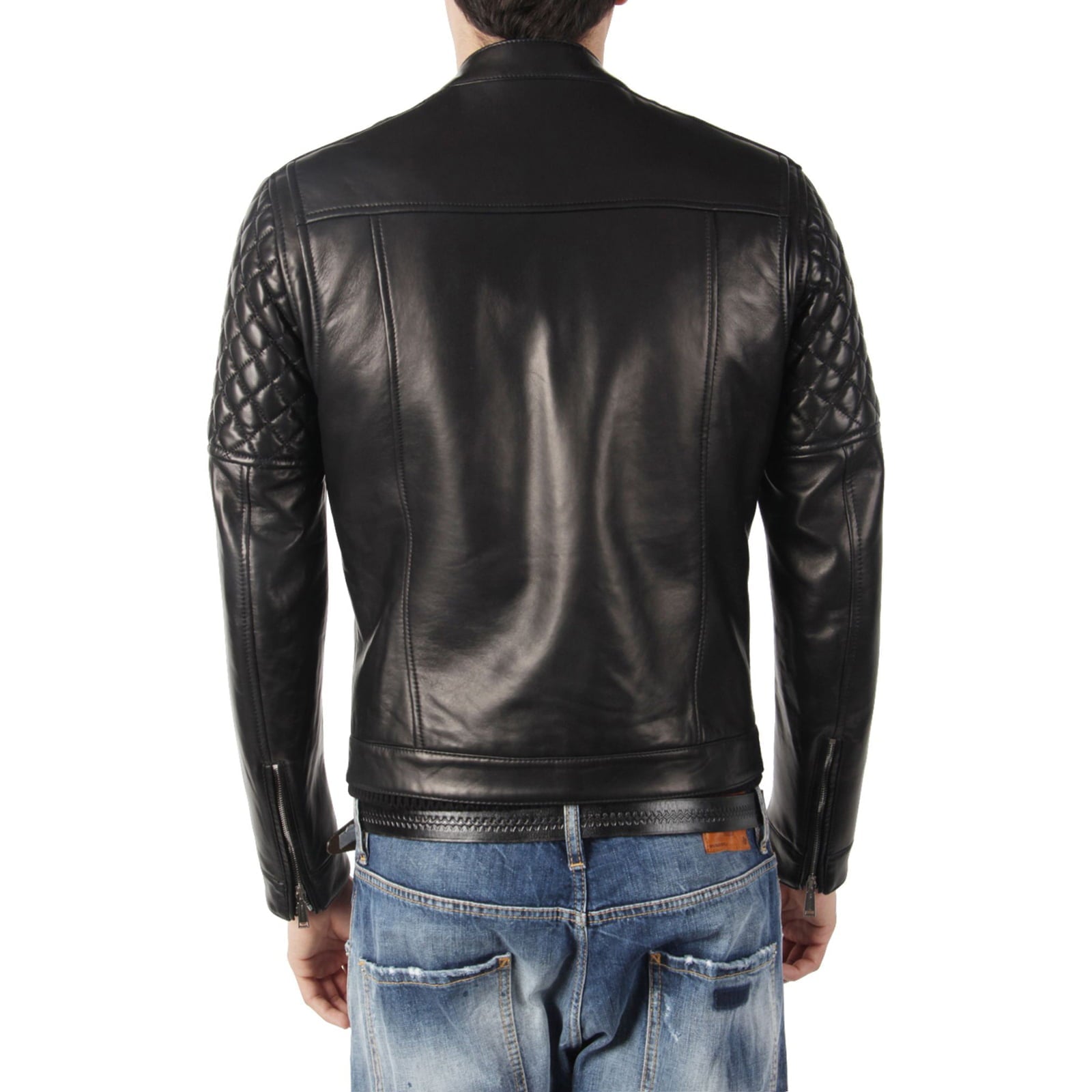 Rindway Men's Brown Genuine Leather Biker Jacket with Diamonds Arms and Shoulders