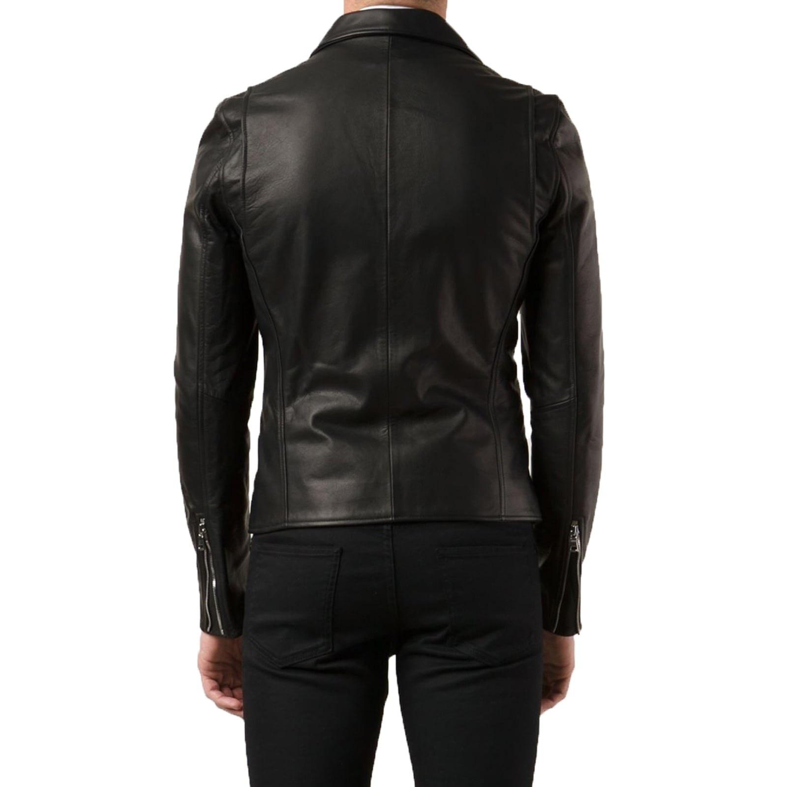 Slim Men's Black Genuine Leather Biker Jacket With Reduced Reverse Rindway