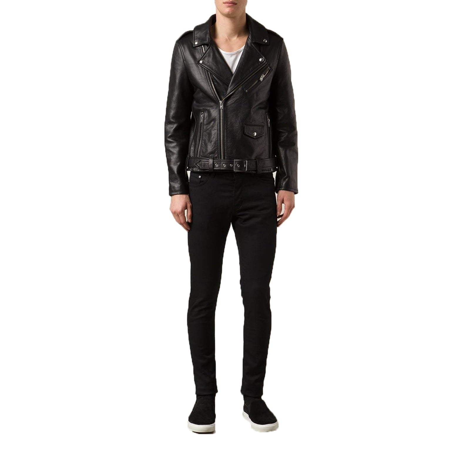 Chiodo Biker In Vera Pelle Nero Uomo Slim Con Cintura Sottile Rindway