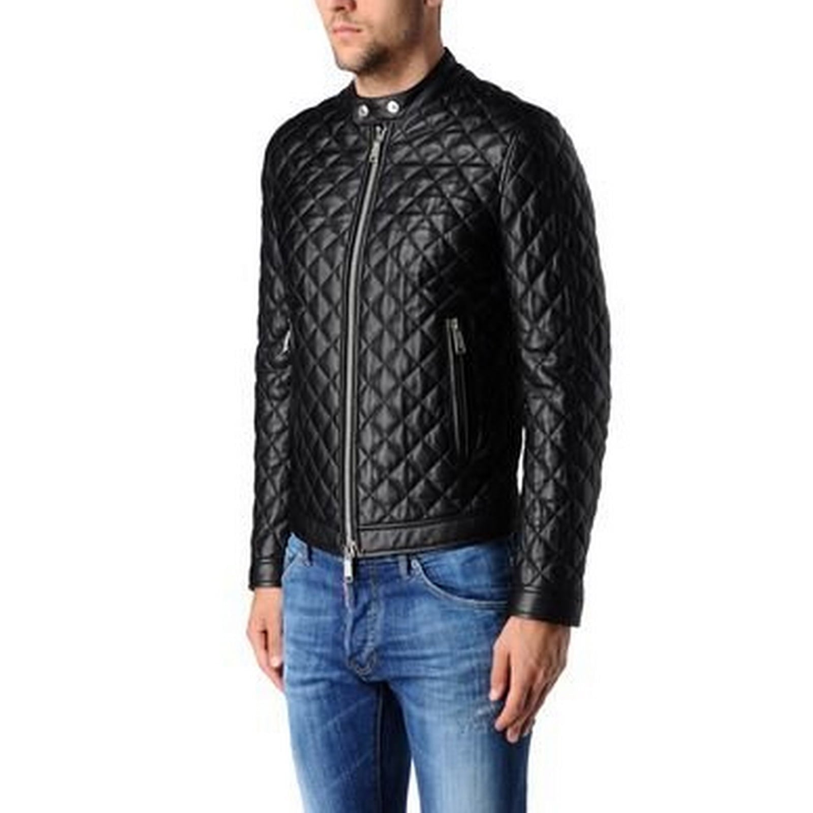 Rindway Diamond Quilted Blue Genuine Leather Biker Jacket for Men