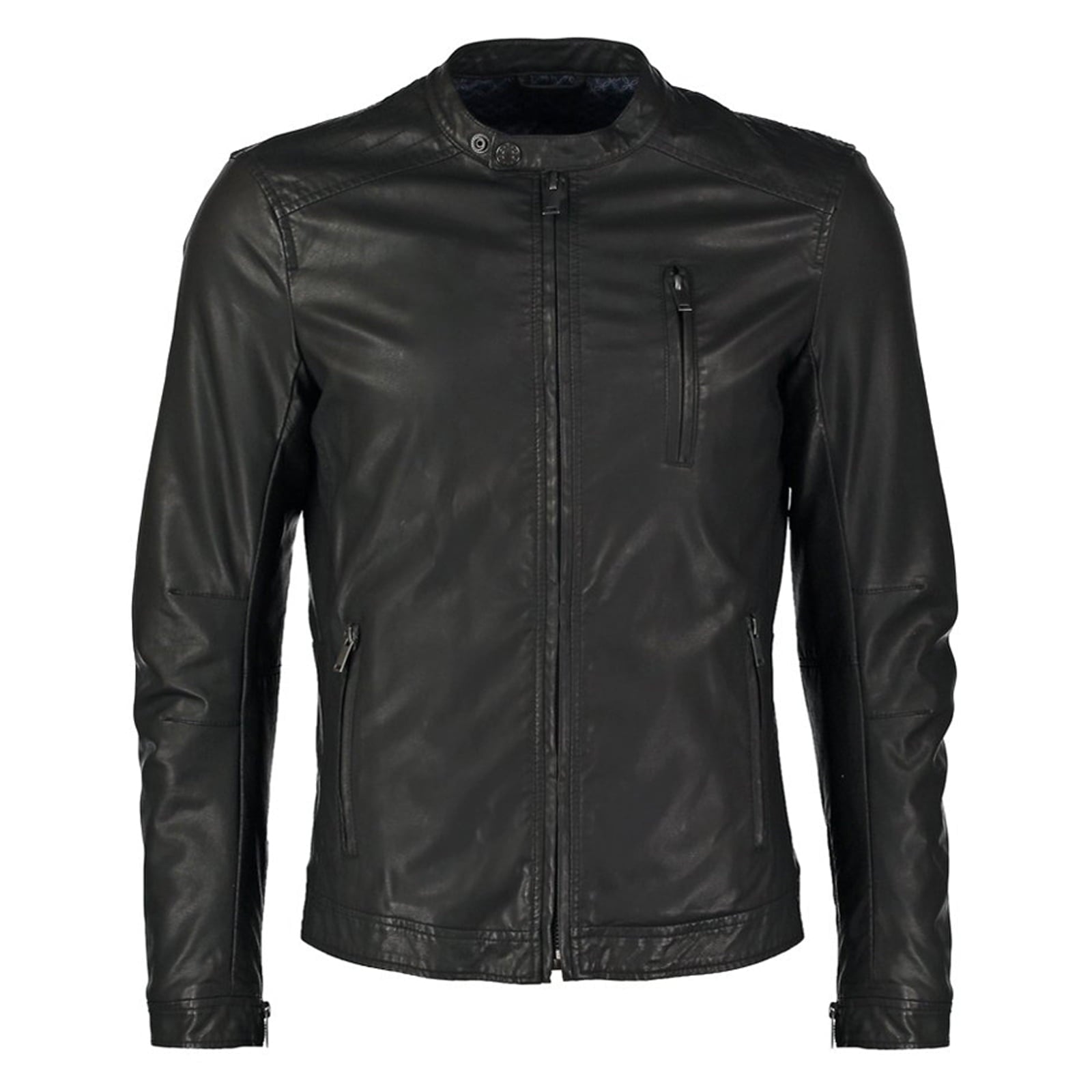 Men's Black Genuine Leather Biker Jacket Lines on the shoulders Wrists Rindway zip