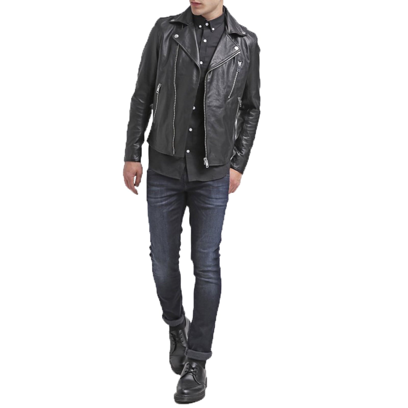 Chiodo Biker In Vera Pelle Nero Uomo Slim Con Reverse Ridotto e Ciappe Rindway