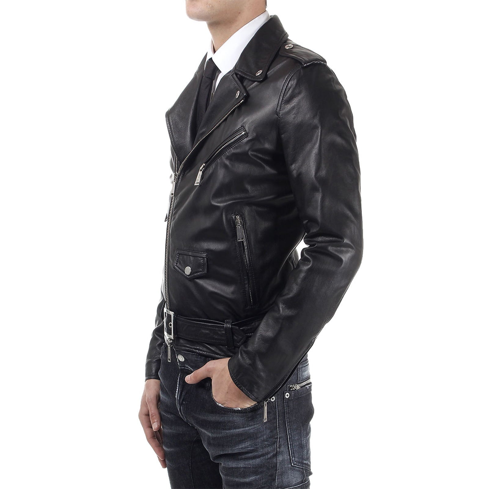 Chiodo Biker In Vera Pelle Blu Uomo Slim Con Fibbia Quadrata Rindway