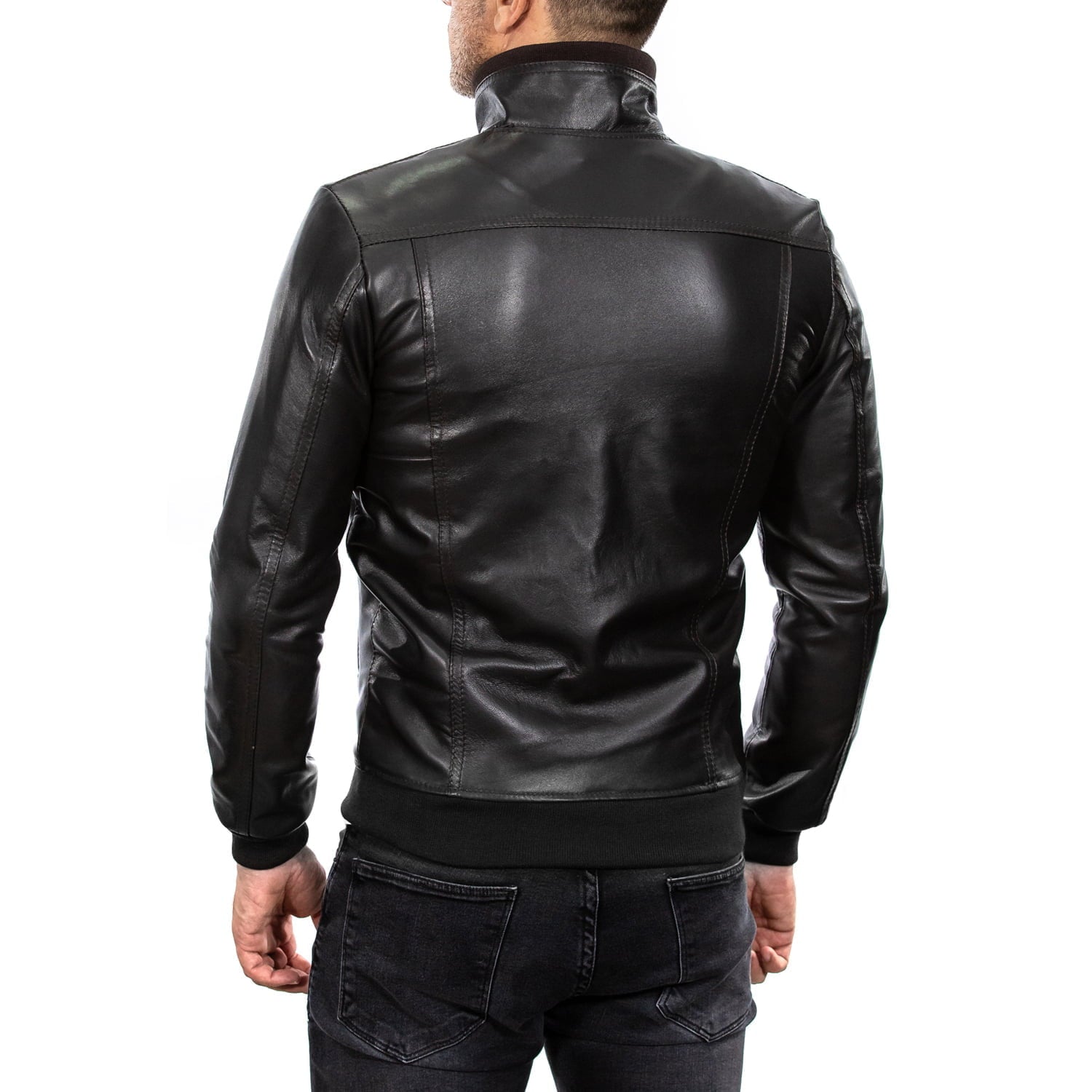 Rindway Men's Brown Genuine Leather Bomber Jacket with Jersey and Leather Collar