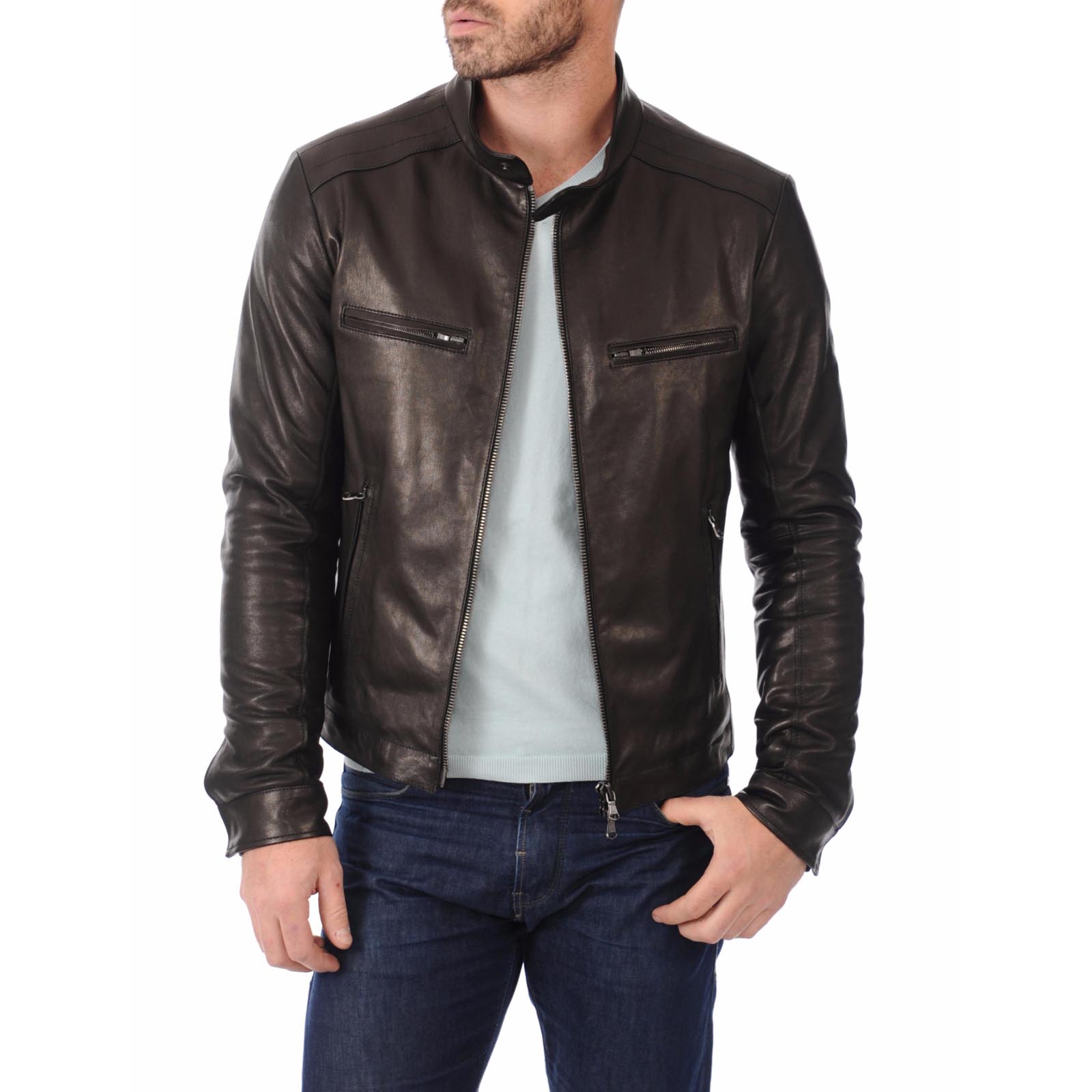 Rindway Men's Blue Genuine Leather Biker Jacket with Four Pockets and Shoulder Lines