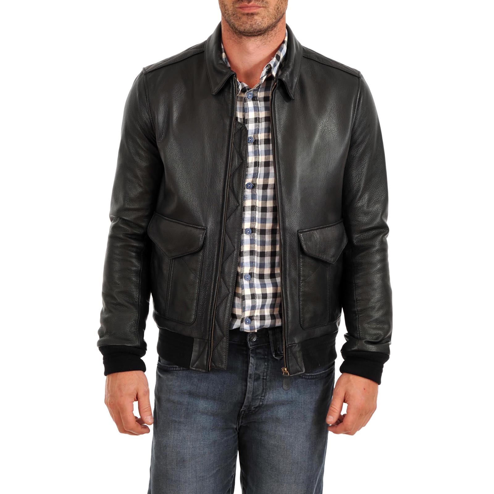 Men's Black Genuine Leather Bomber Jacket with Rindway Stitching