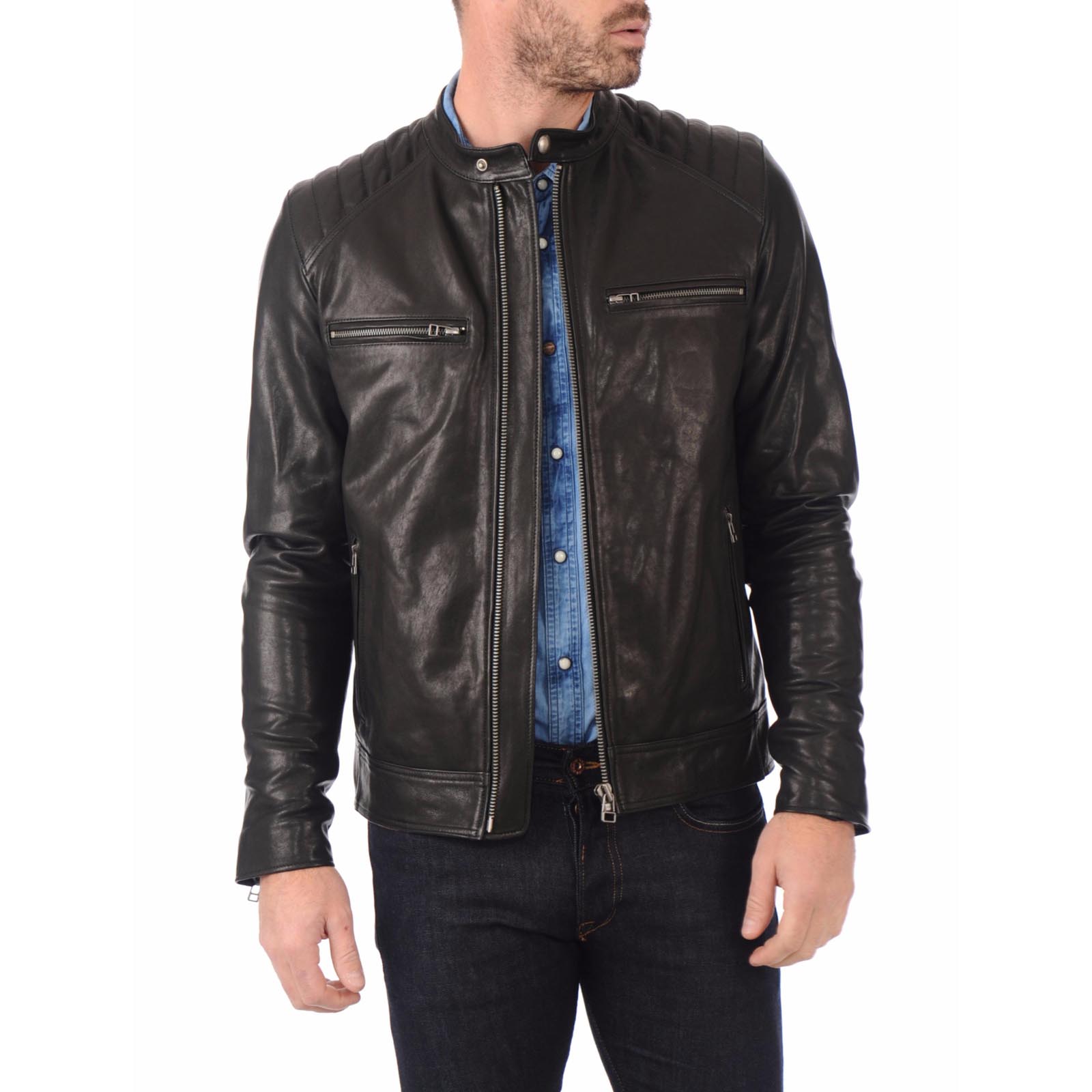 Men's Black Genuine Leather Biker Jacket Lines Shoulders Silver Details Rindway