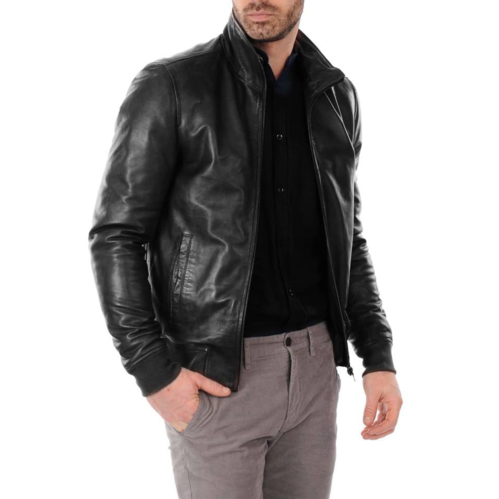 Rindway Men's Brown Genuine Leather Bomber Jacket with Open Pockets