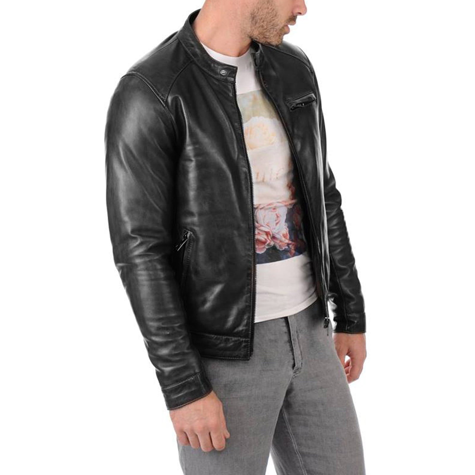 Slim Men's Black Genuine Leather Biker Jacket Chest Zipper With Rindway Frisetto