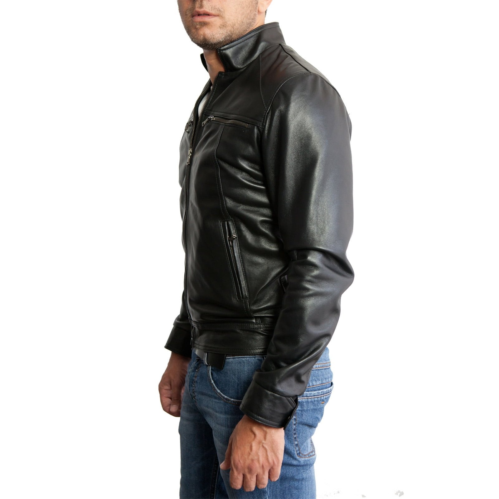 Rindway Slim Men's Black Genuine Leather Biker Jacket with Four Pockets