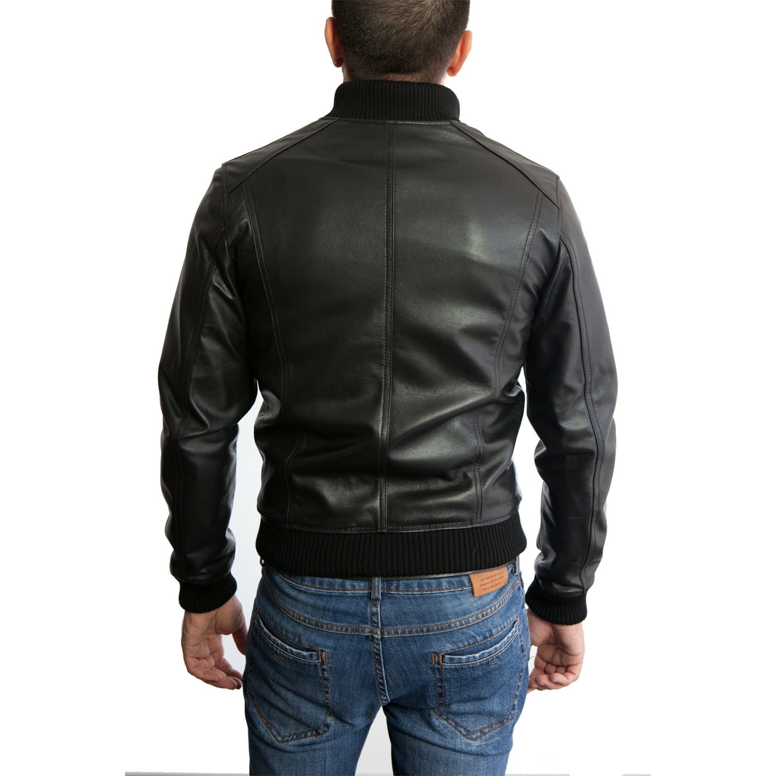 Rindway Slim Men's Blue Genuine Leather Bomber Jacket with Front Cuts