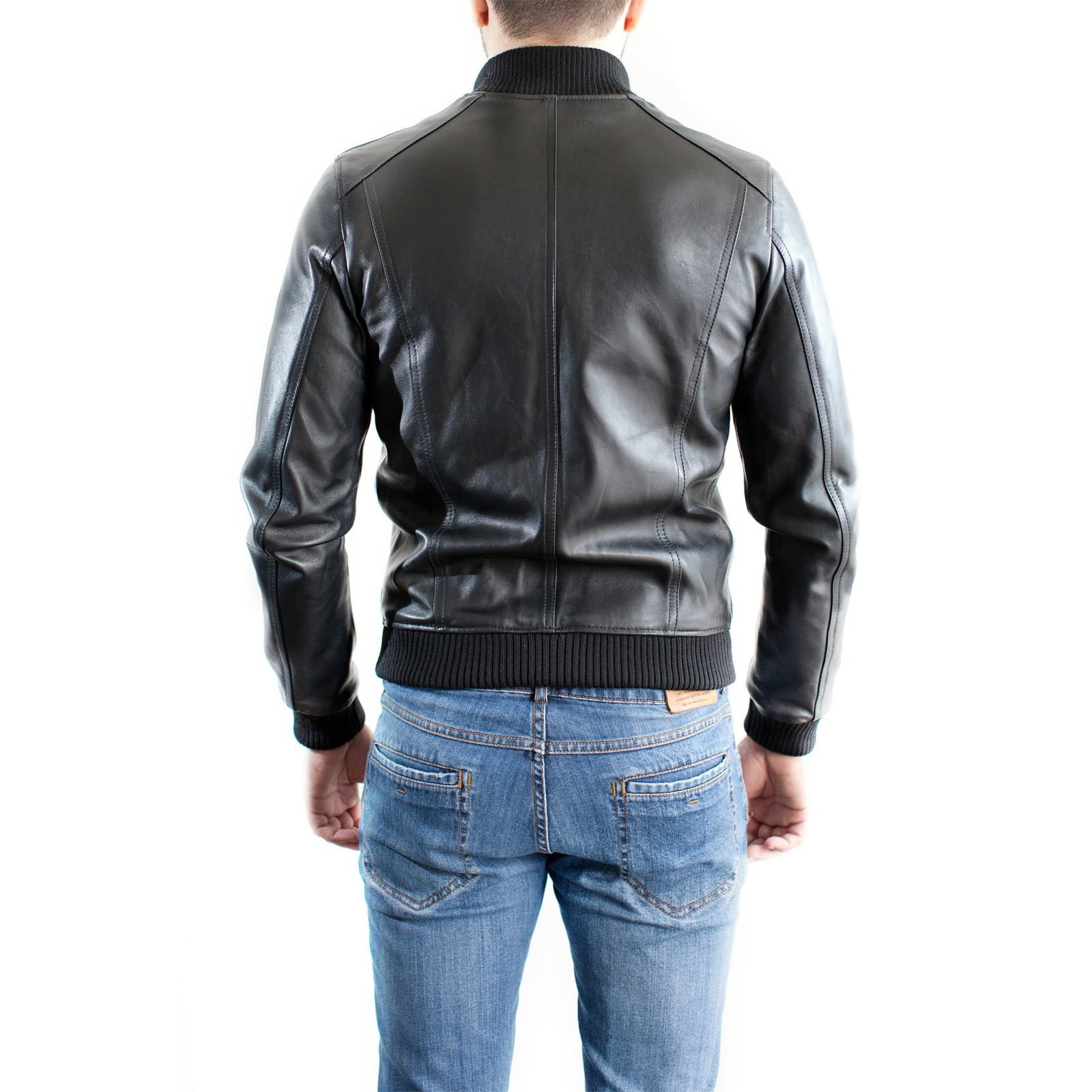 Men's Brown Genuine Leather Bomber Jacket with Four Rindway Zipper Pockets