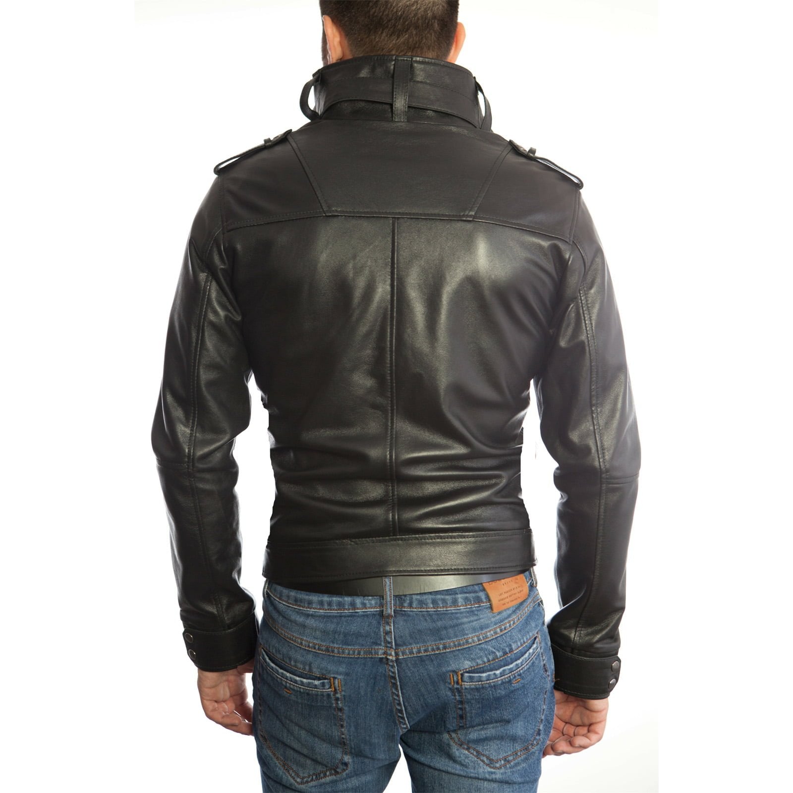 Rindway Slim Men's Brown Genuine Leather Biker Jacket with Six Front Pockets