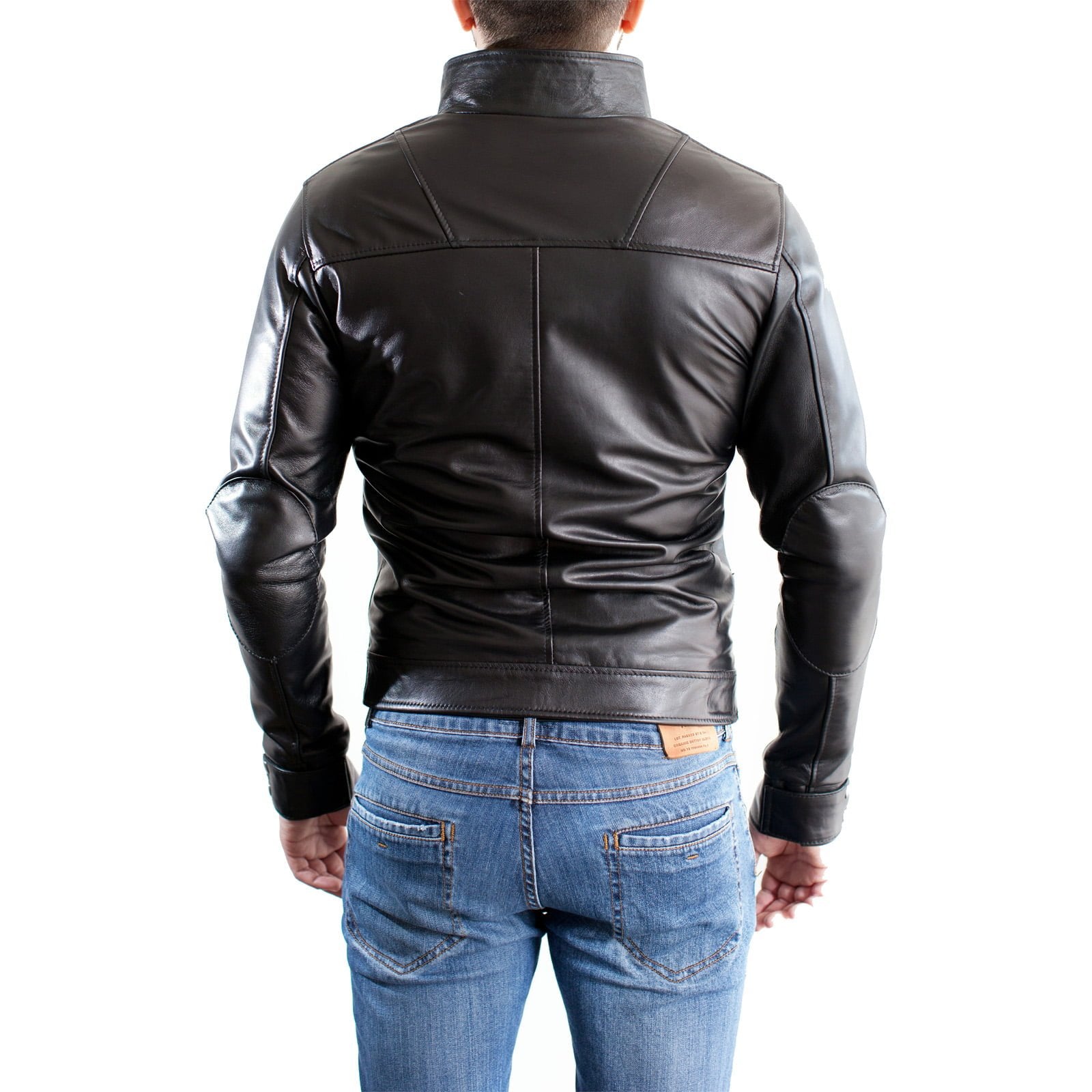 Men's Brown Genuine Leather Biker Jacket Slim Collar With Rindway Tab